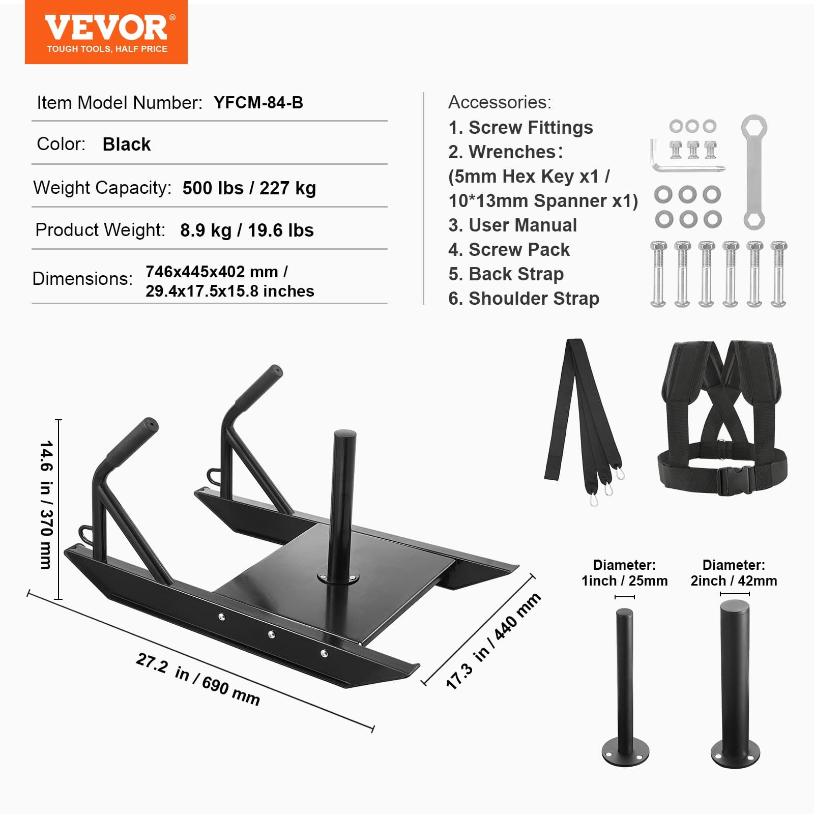 VEVOR Steel Weight Training Pull Sled with Handle, Speed & Strength Workout Equipment for 25mm/50mm Plates, Black - Pilt 7