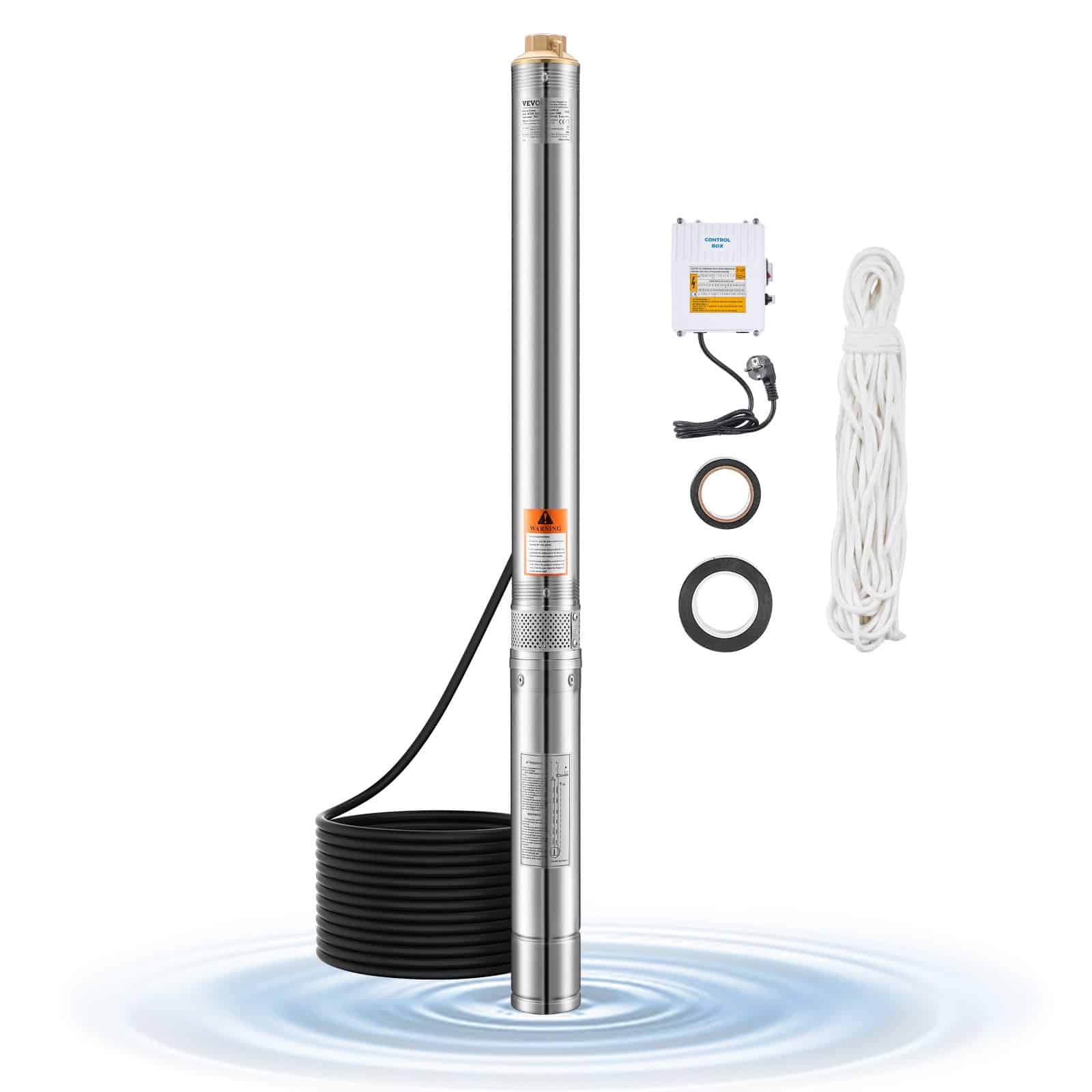 VEVOR 750W süvavee sukelpump, 230V, 65 L/min vool, 64m tõste, 20m kaabel, roostevaba teras, IP68, koos juhtkarbiga