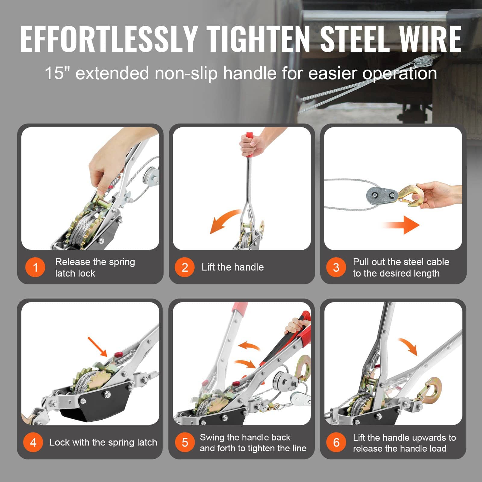 VEVOR 2 Ton Come Along Winch with 3.65 m Steel Cable, Dual Gears, Heavy Duty Ratchet Power Puller Tool for Vehicle Rescue – Paveikslėlis 6