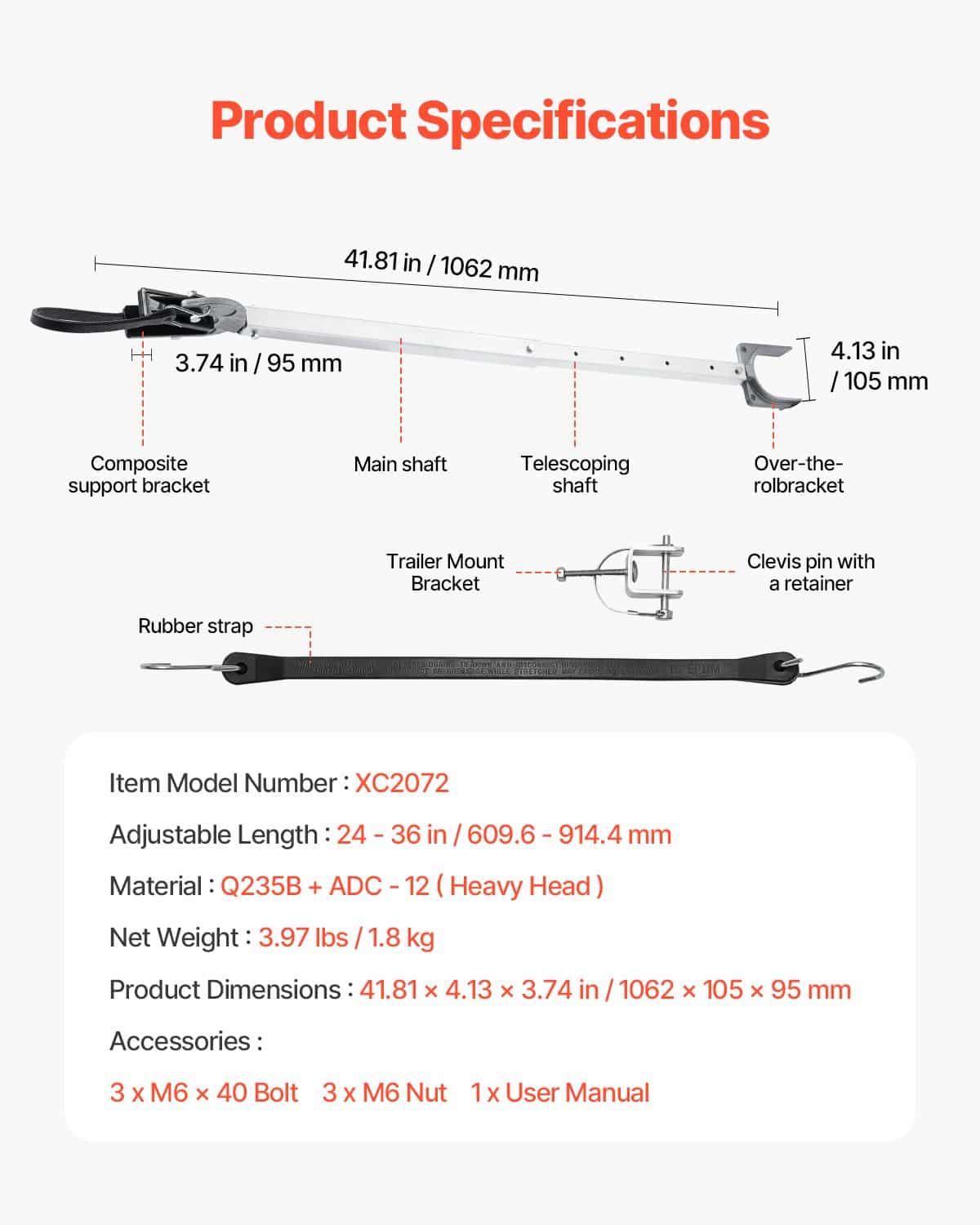 VEVOR Adjustable Transom Saver 61–91 cm for Outboard Motors up to 100HP, Corrosion-Resistant, Fits Roller & Trailer - Image 7