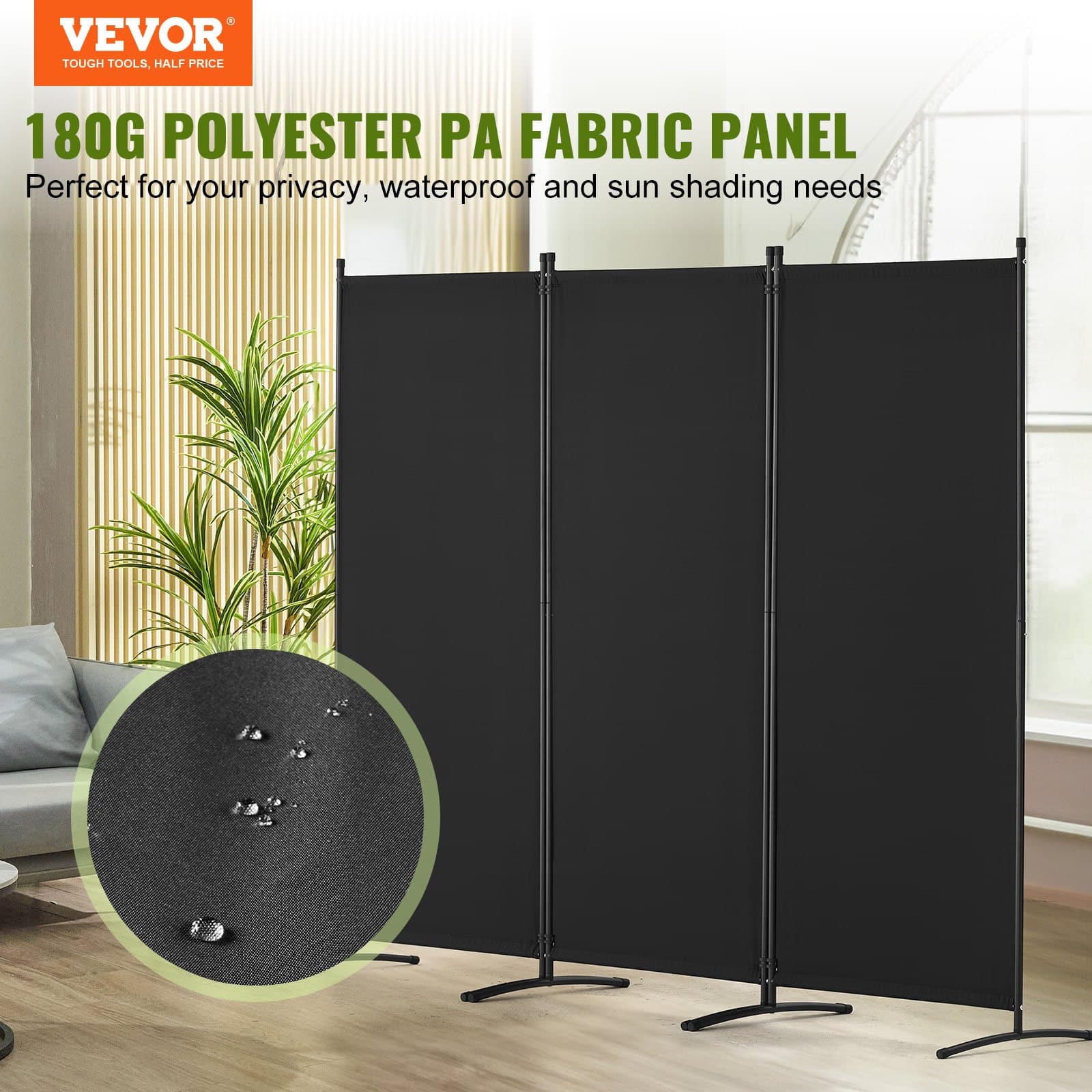 VEVOR 3-Panel Folding Room Divider, Freestanding Privacy Screen with Fabric Panels for Office, Bedroom, 228x184x52 cm, Black — изображение 2