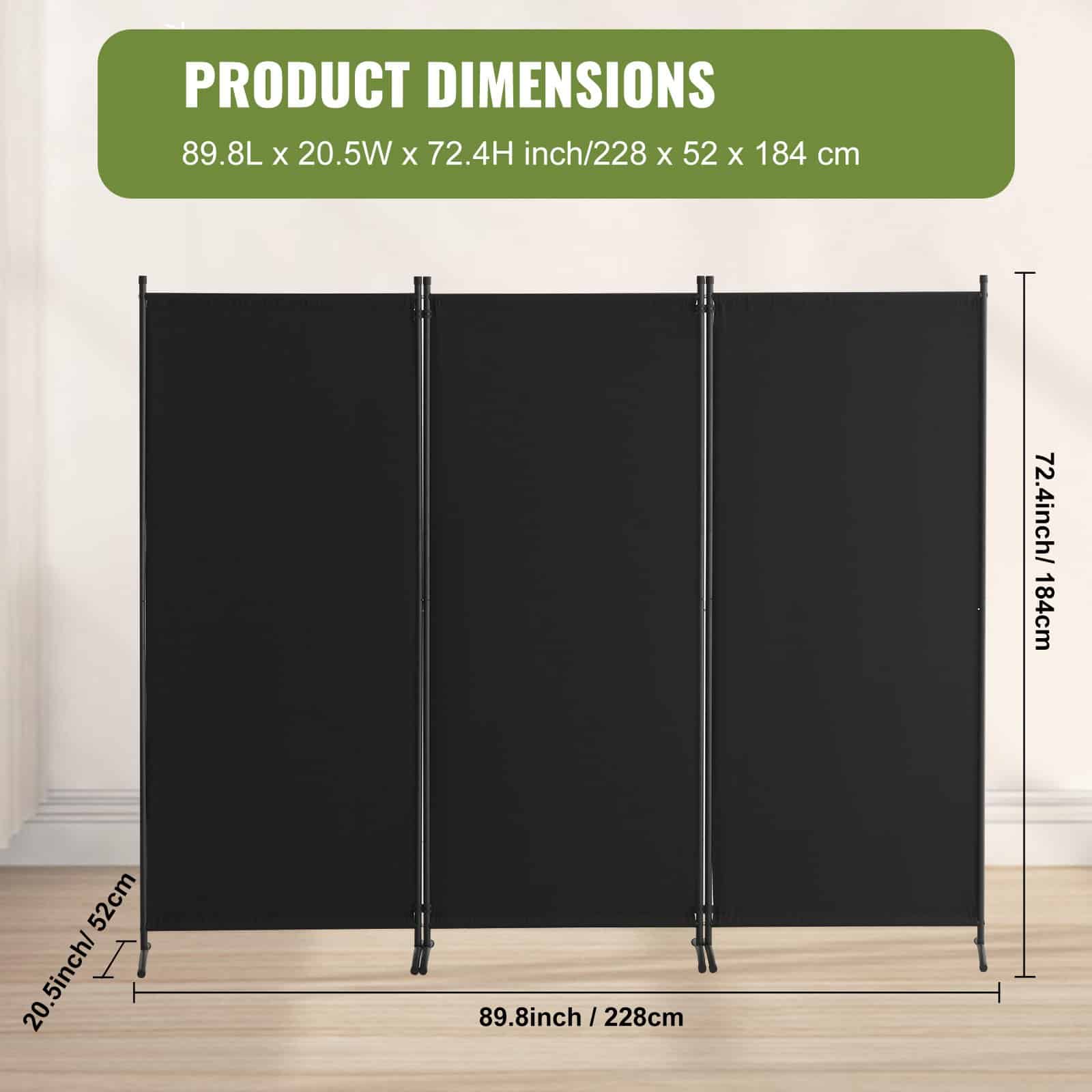 VEVOR 3-Panel Folding Room Divider, Freestanding Privacy Screen with Fabric Panels for Office, Bedroom, 228x184x52 cm, Black — изображение 7