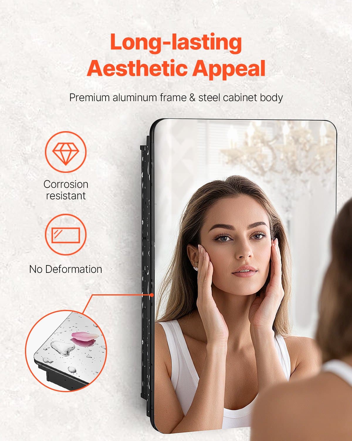 VEVOR 50x76 cm Bathroom Medicine Cabinet with Mirror, Black Frame, 4 Adjustable Glass Shelves, Wall/Recessed Mount - Image 4