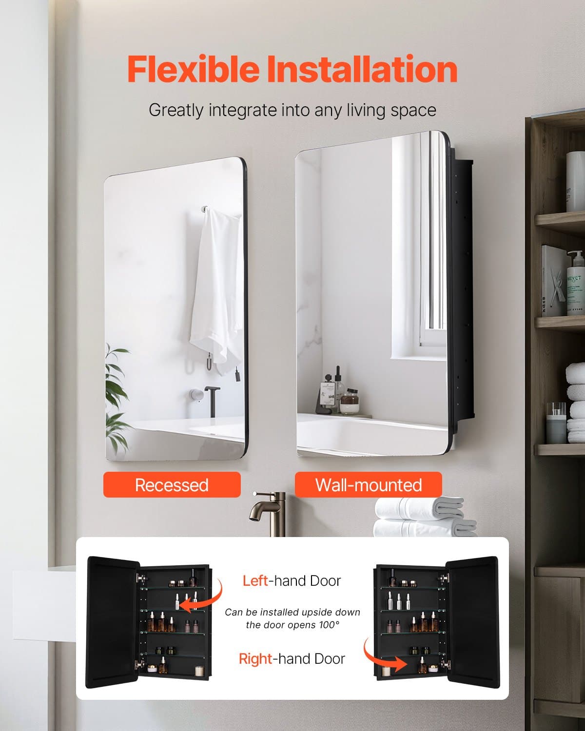 VEVOR 50x76 cm Bathroom Medicine Cabinet with Mirror, Black Frame, 4 Adjustable Glass Shelves, Wall/Recessed Mount - Image 5