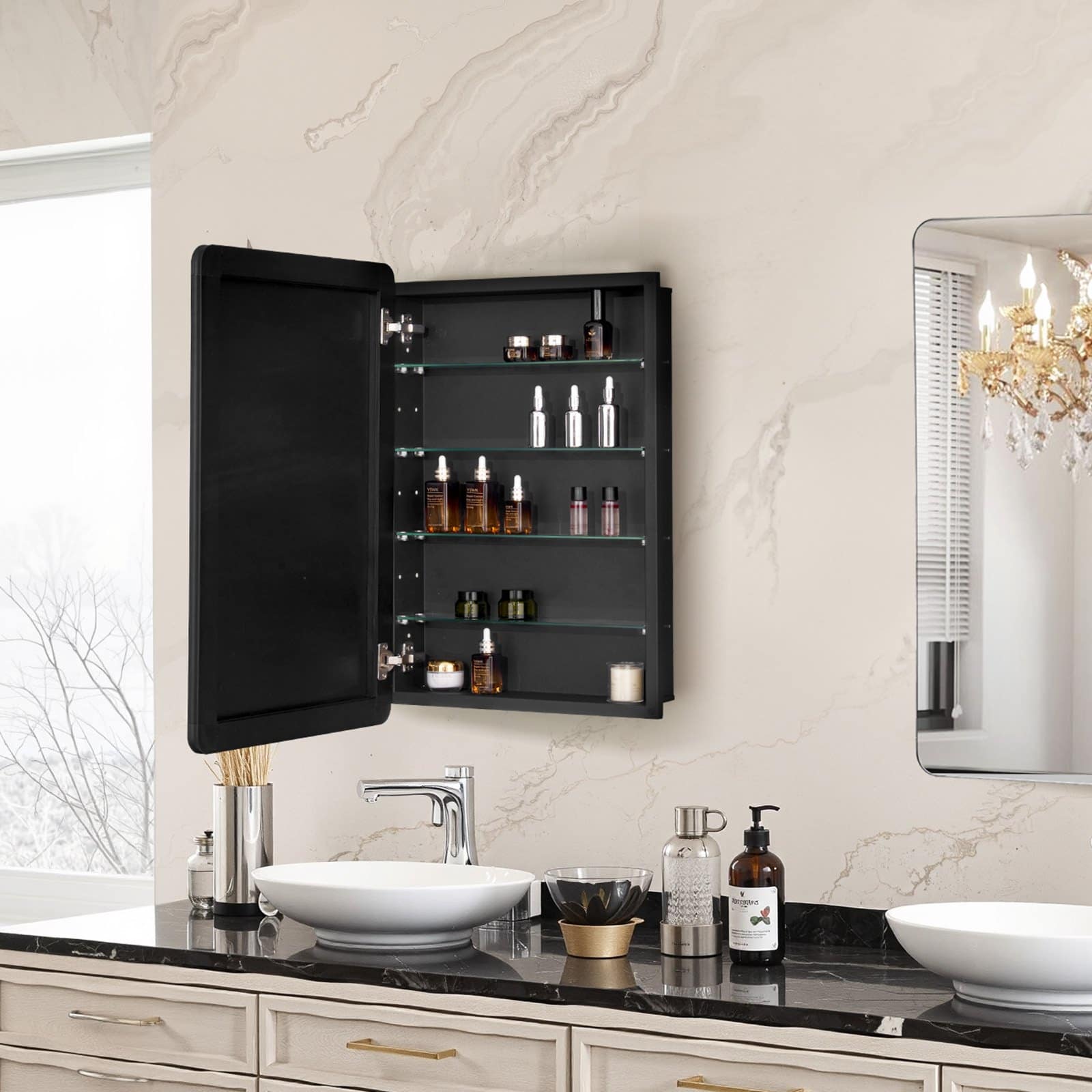 VEVOR 50x76 cm Bathroom Medicine Cabinet with Mirror, Black Frame, 4 Adjustable Glass Shelves, Wall/Recessed Mount - Image 8