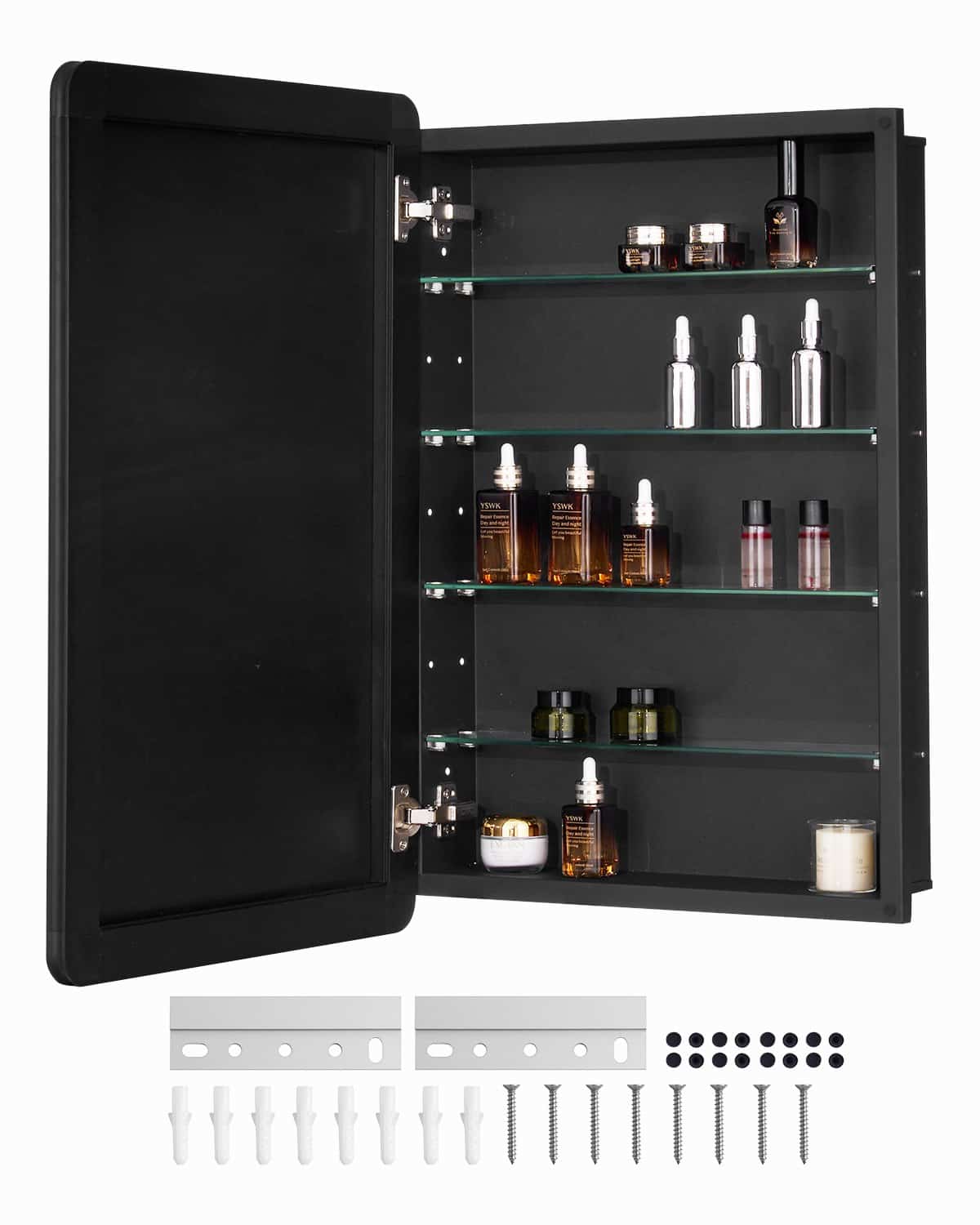 VEVOR 50x76 cm Bathroom Medicine Cabinet with Mirror, Black Frame, 4 Adjustable Glass Shelves, Wall/Recessed Mount