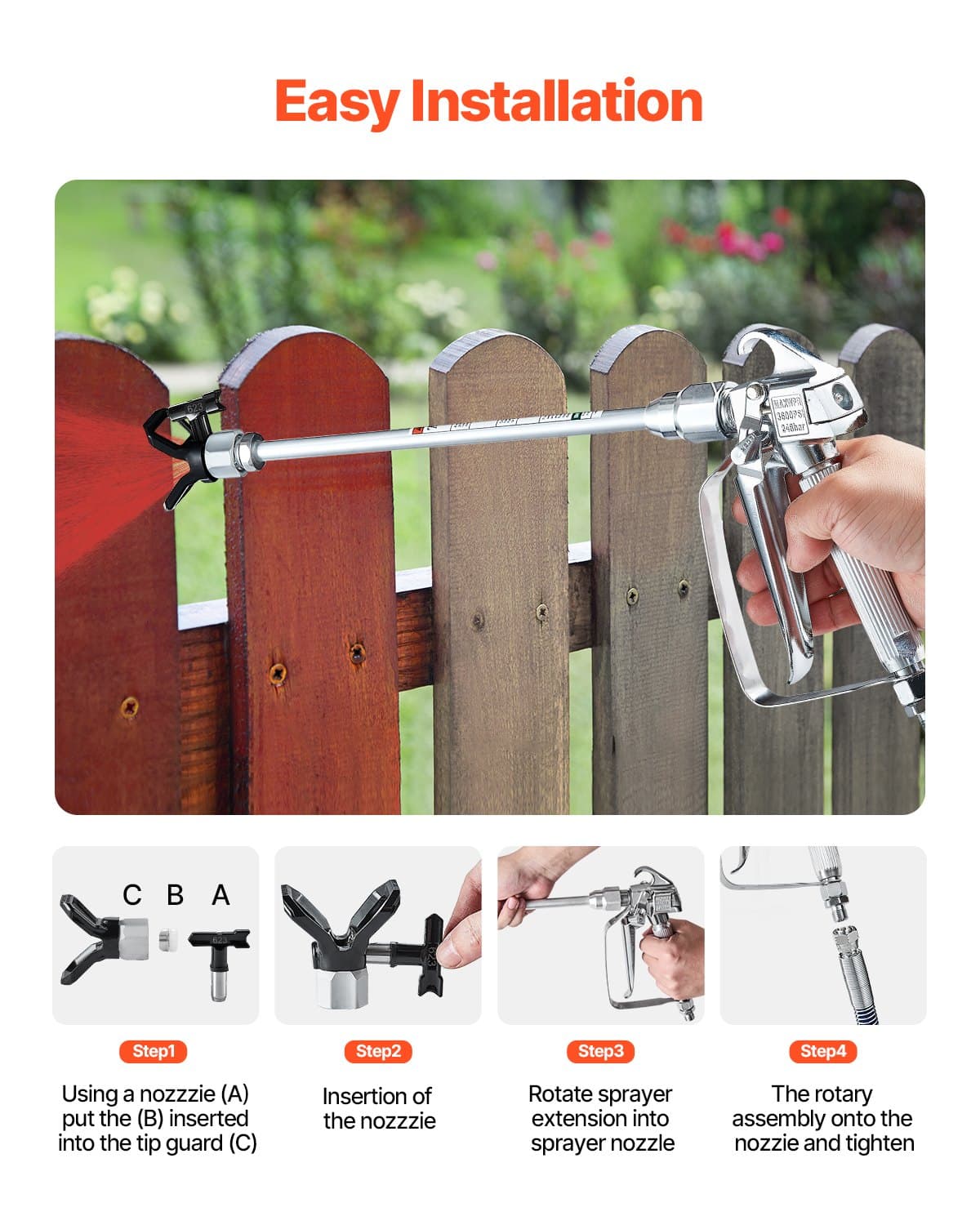 VEVOR Airless Paint Spray Gun Kit with Hose, 3600 PSI, 5 Nozzles, Filters, Swivel Joint & 30–60cm Extension Rods — attēls 4