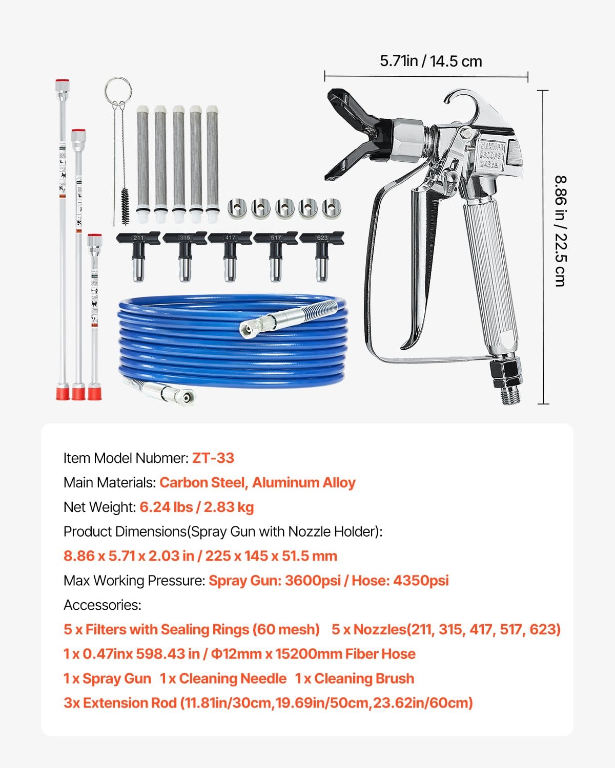 VEVOR Airless Paint Spray Gun Kit with Hose, 3600 PSI, 5 Nozzles, Filters, Swivel Joint & 30–60cm Extension Rods — attēls 7