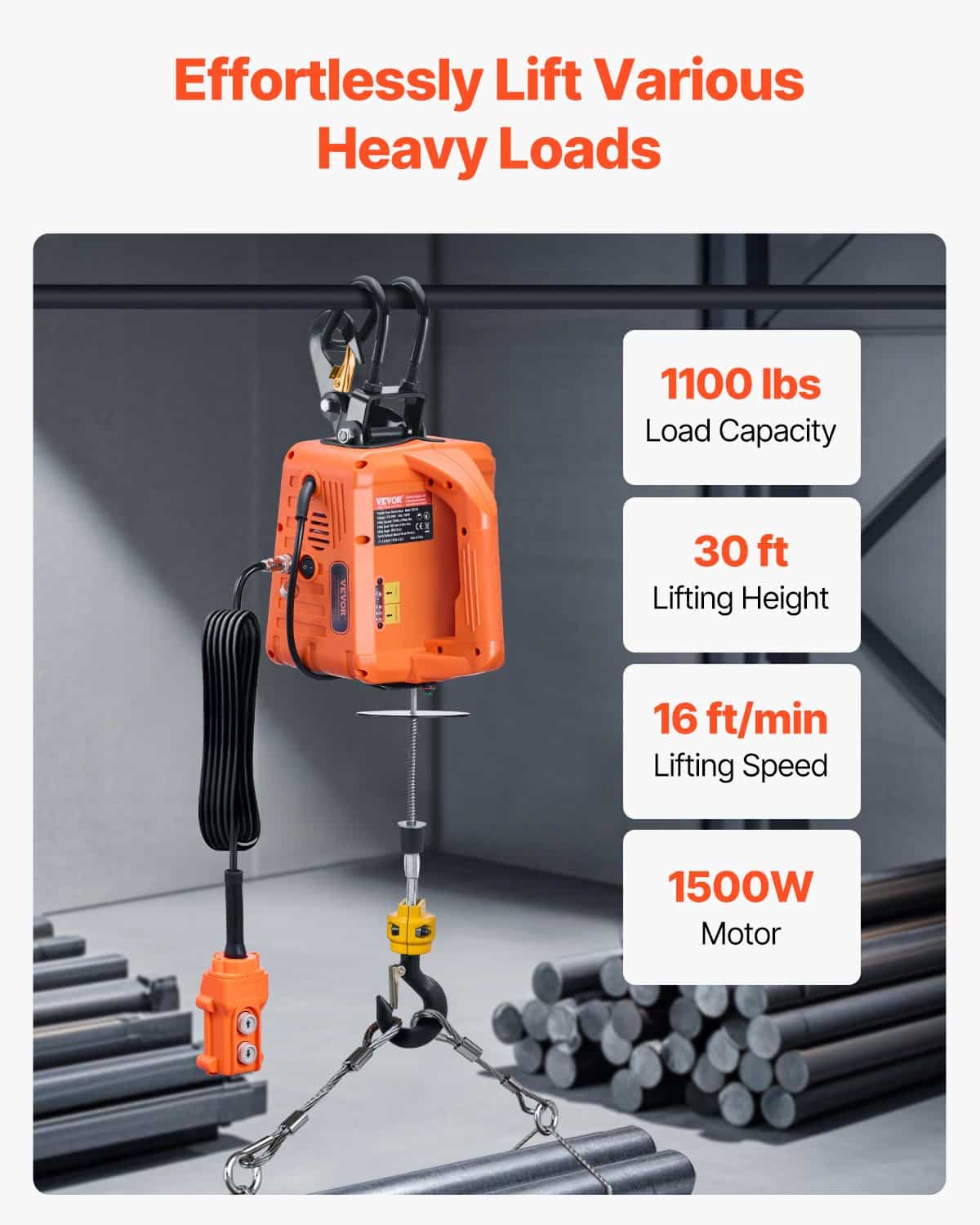 VEVOR 3-in-1 Electric Hoist Winch 500 kg, 1500W Motor, 9.1 m Lift, 4.9 m/min Speed, Wired & Wireless Remote for Lifting & Towing — изображение 2
