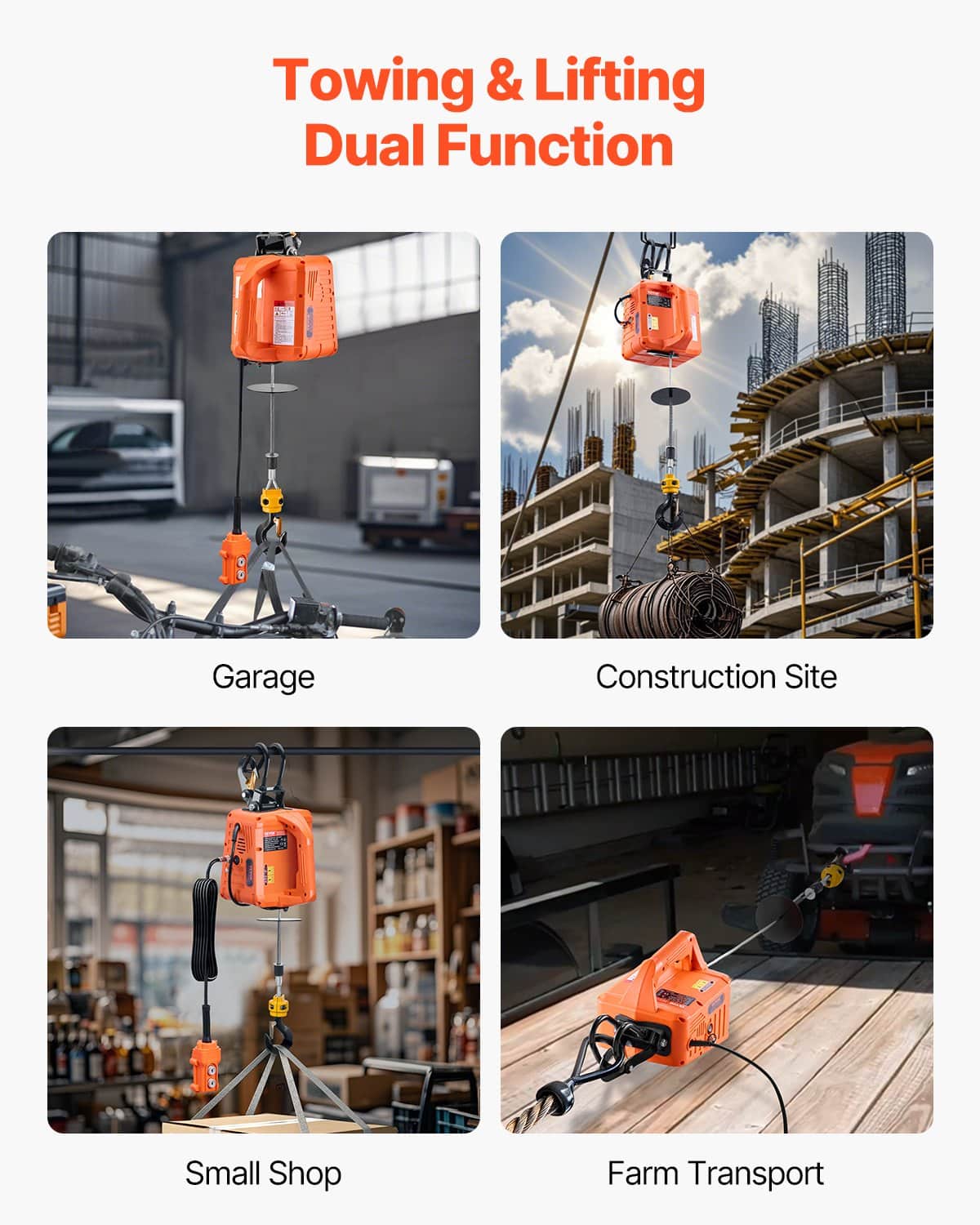 VEVOR 3-in-1 Electric Hoist Winch 500 kg, 1500W Motor, 9.1 m Lift, 4.9 m/min Speed, Wired & Wireless Remote for Lifting & Towing — изображение 5