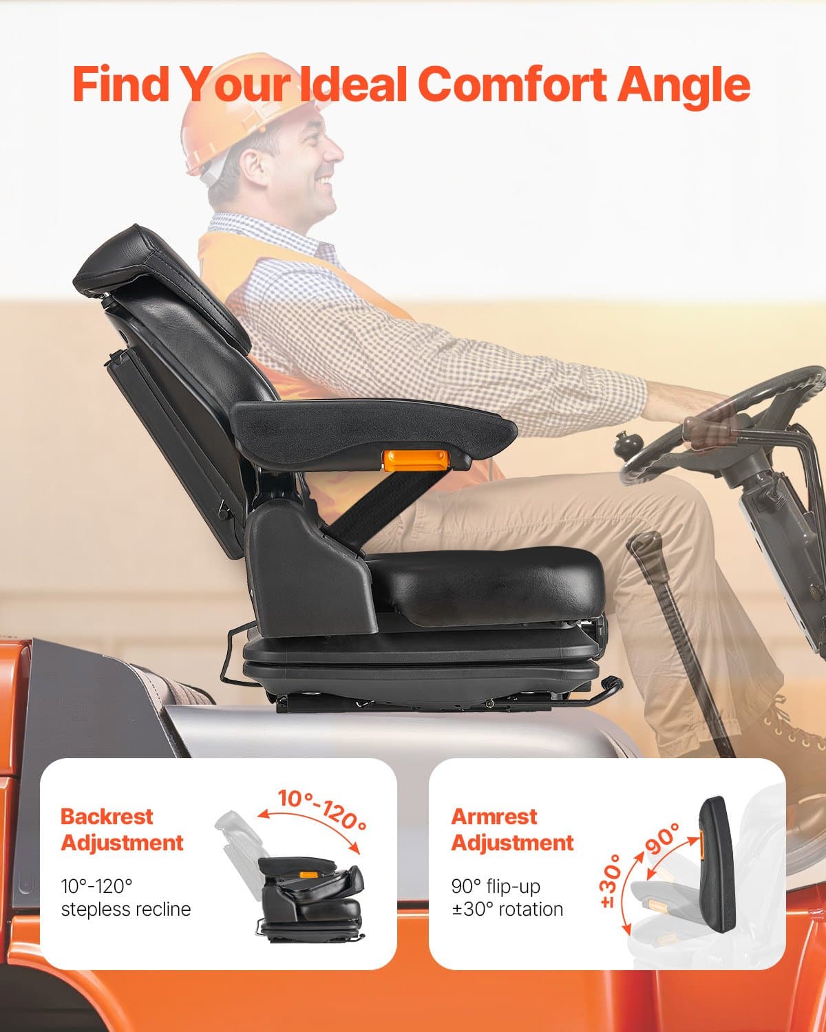 VEVOR Universal Tractor Seat with Adjustable Suspension, Armrests, Headrest & Safety Belt for Forklift, Lawnmower, Bulldozer - Pilt 5
