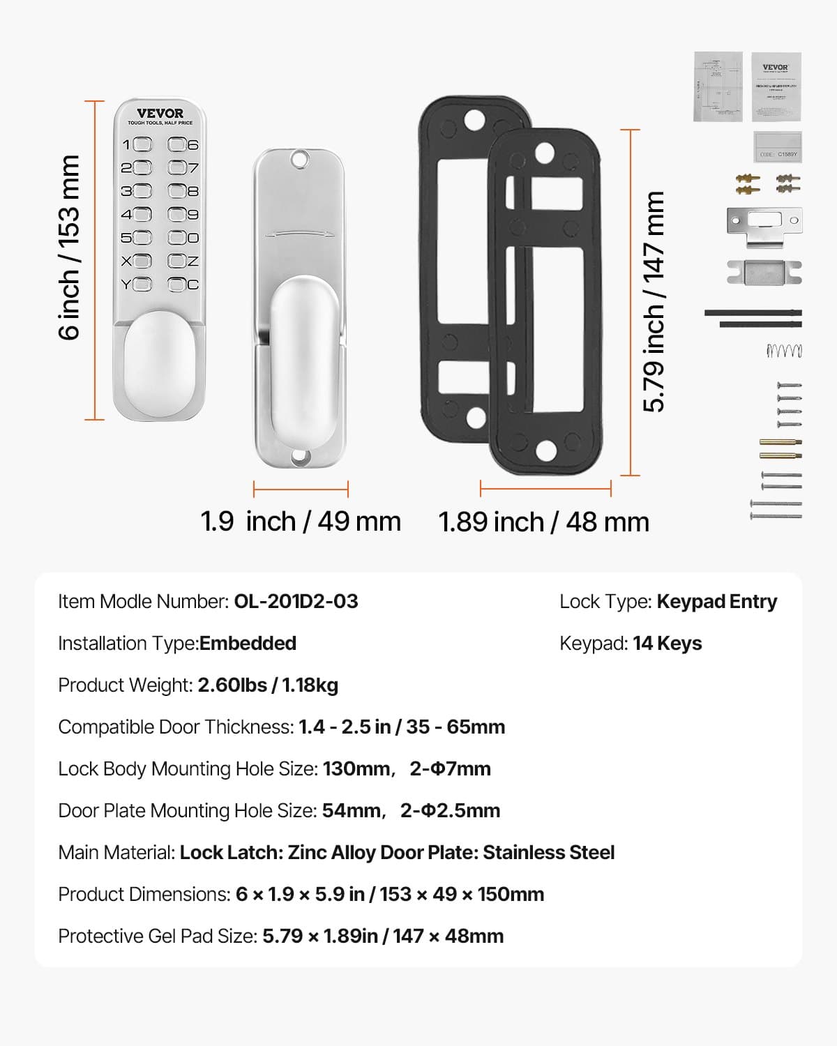 VEVOR Mechanical Keyless Door Lock, Waterproof Zinc Alloy Code Lock for 35–65 mm Doors, Single-Side Entry for Home & Outdoor Use - Pilt 7