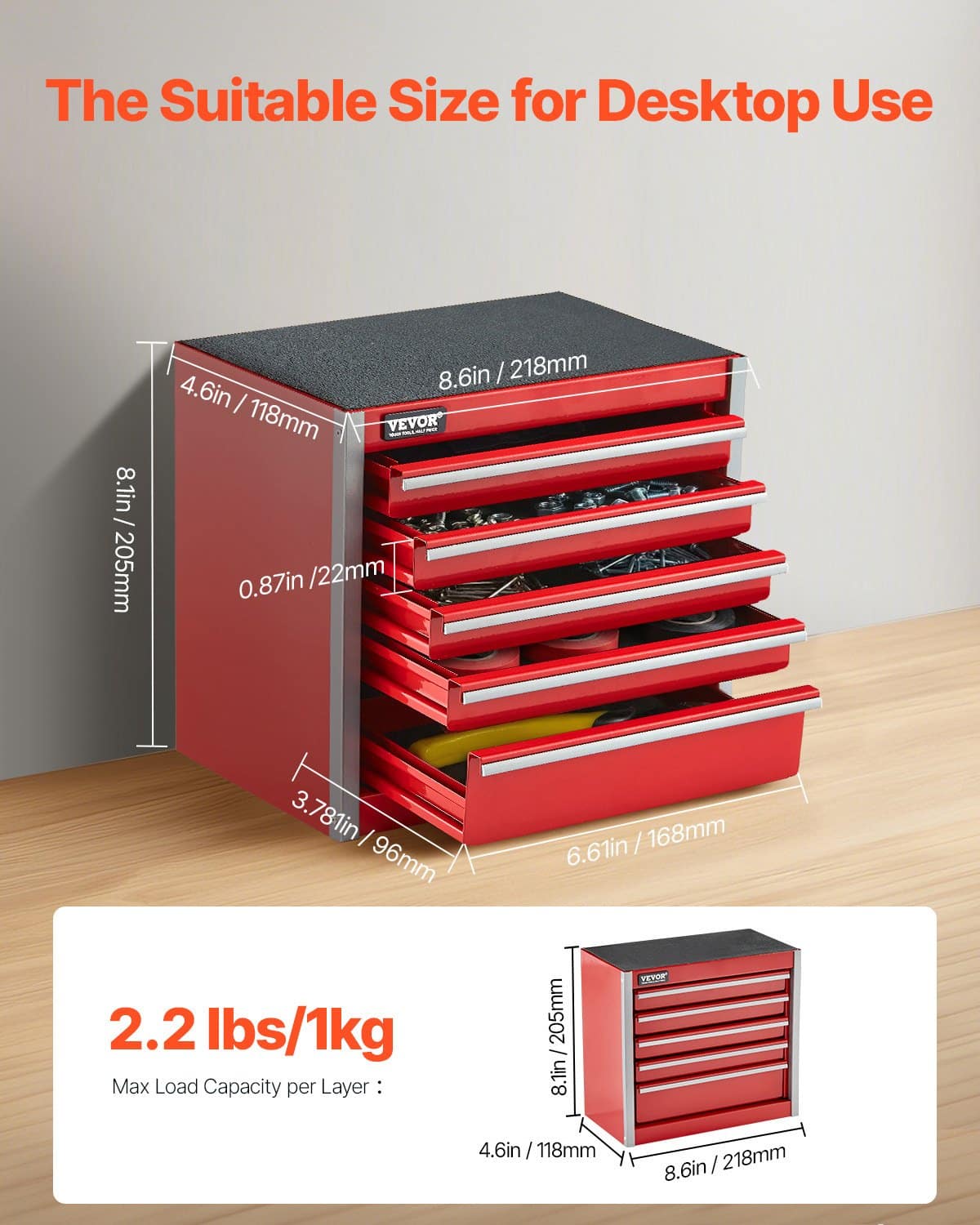 VEVOR Portable Metal Tool Box with 5 Drawers, Small Steel Chest with EVA Liners, 22 cm, Red, Ideal for Tools & Storage — attēls 2