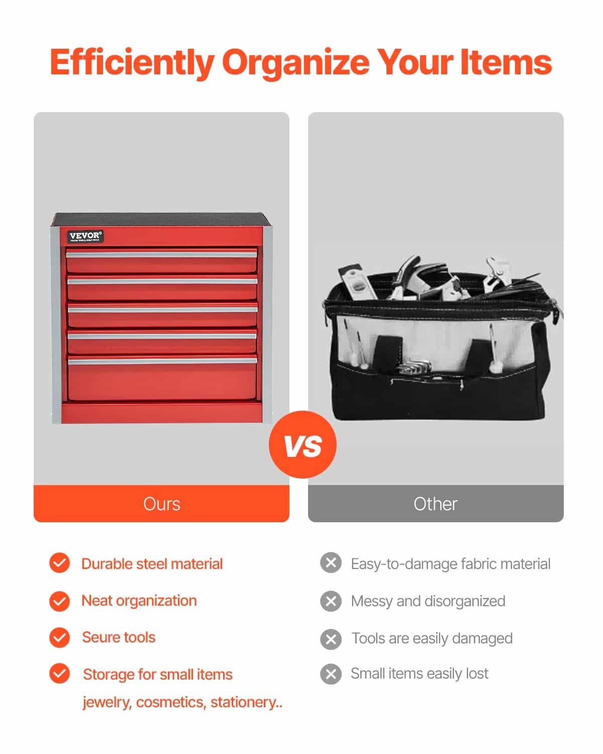 VEVOR Portable Metal Tool Box with 5 Drawers, Small Steel Chest with EVA Liners, 22 cm, Red, Ideal for Tools & Storage — attēls 3