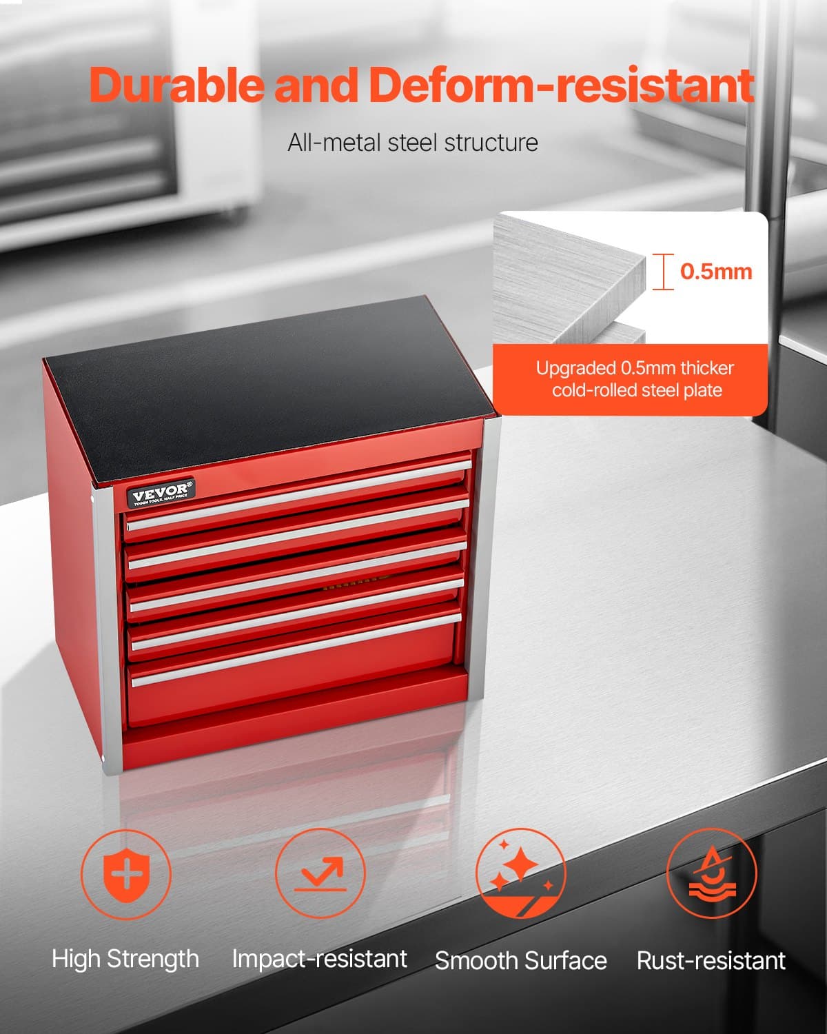 VEVOR Portable Metal Tool Box with 5 Drawers, Small Steel Chest with EVA Liners, 22 cm, Red, Ideal for Tools & Storage — attēls 6