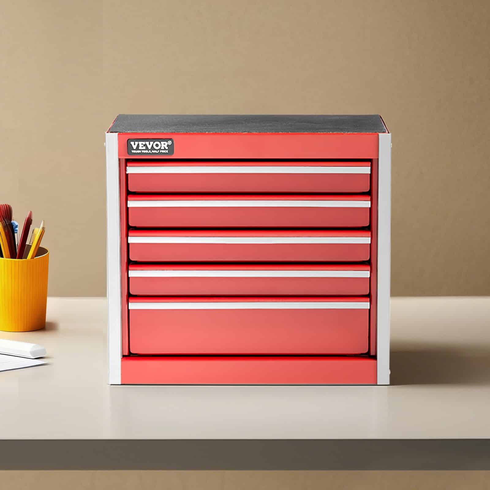 VEVOR Portable Metal Tool Box with 5 Drawers, Small Steel Chest with EVA Liners, 22 cm, Red, Ideal for Tools & Storage — attēls 8