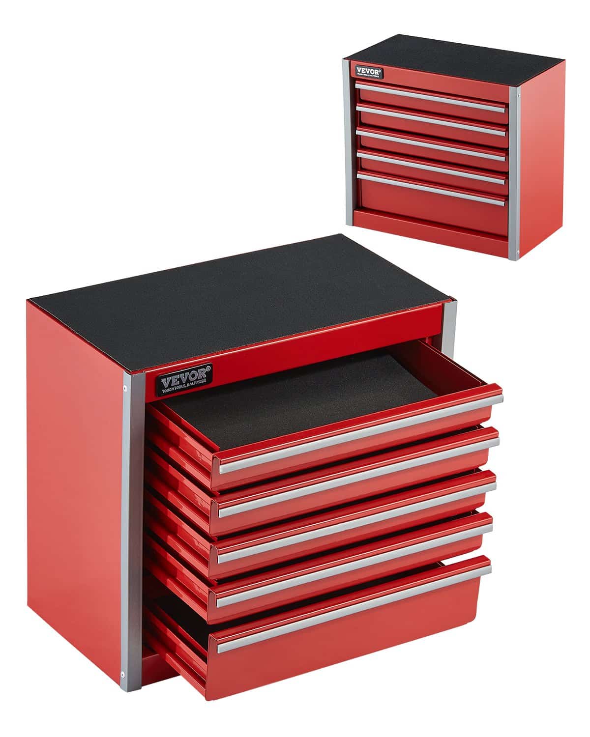 VEVOR Portable Metal Tool Box with 5 Drawers, Small Steel Chest with EVA Liners, 22 cm, Red, Ideal for Tools & Storage