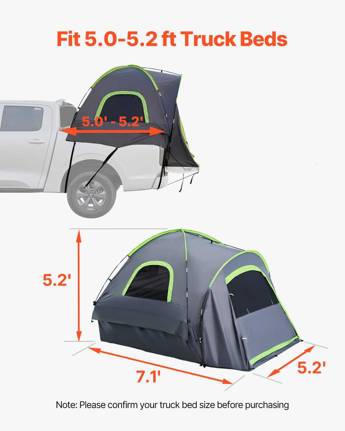 VEVOR Waterproof Truck Bed Tent for 5.0–5.2 ft Pickup, 2–3 Person Camping Tent with Double-Layer Design and Storage Bag — attēls 3