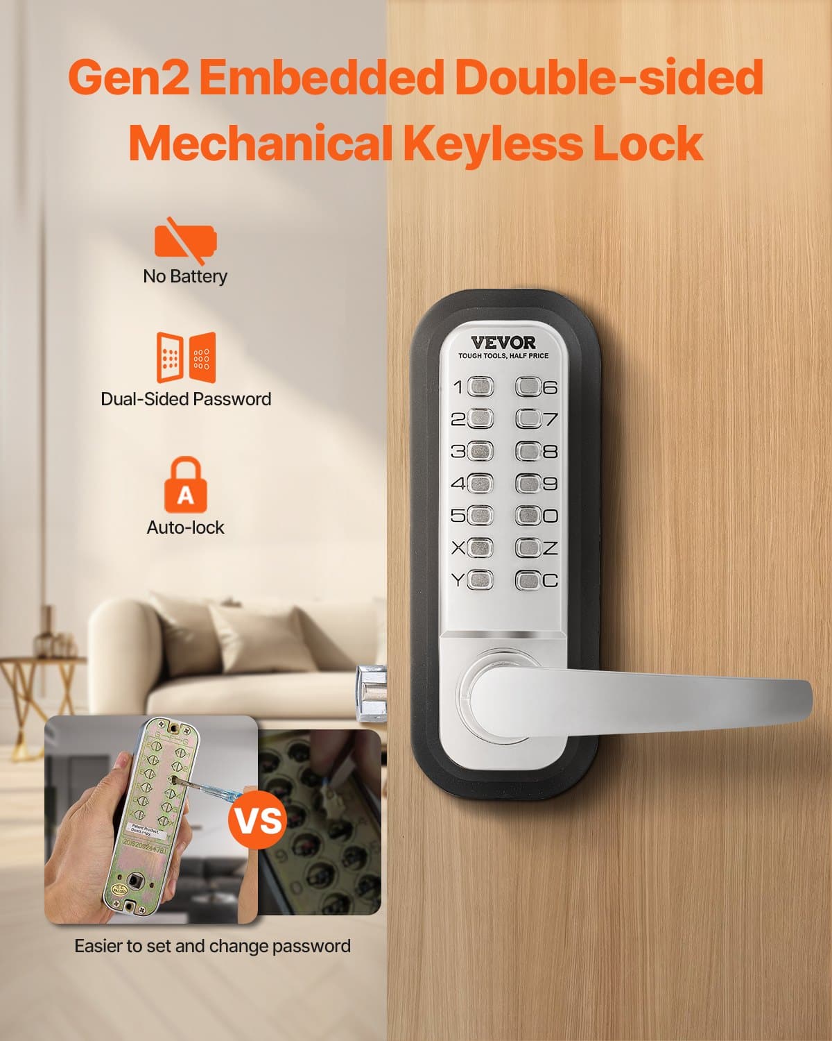 VEVOR Mechanical Keyless Door Lock with Handle, Double-Sided Waterproof Zinc Alloy Lock, Fits 35–65 mm Doors, Silver — изображение 2