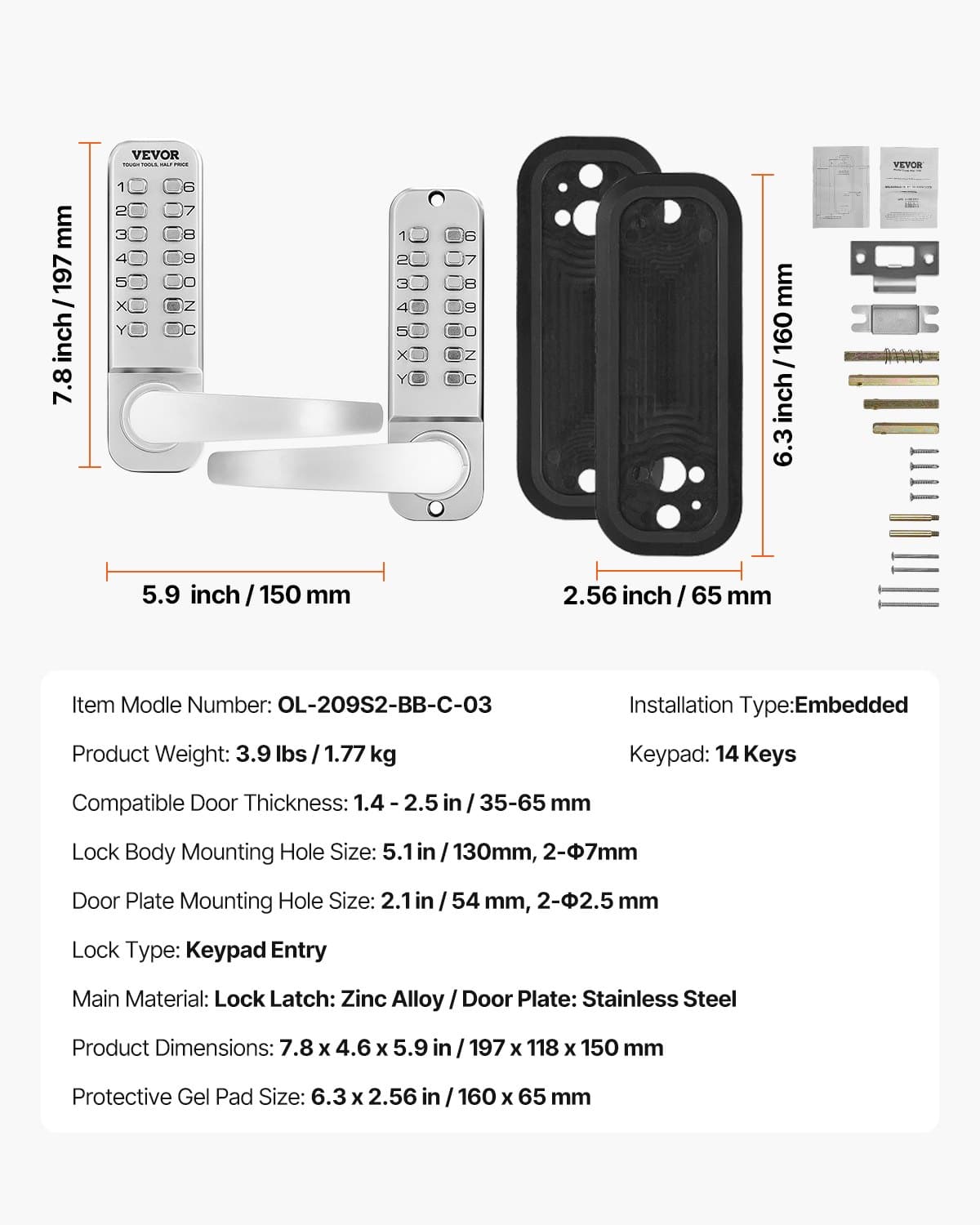 VEVOR Mechanical Keyless Door Lock with Handle, Double-Sided Waterproof Zinc Alloy Lock, Fits 35–65 mm Doors, Silver — изображение 7