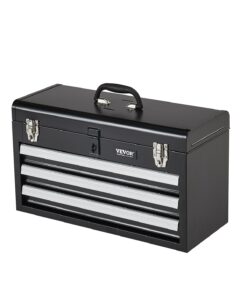 VEVOR 52cm Portable Metal Tool Box with 3 Drawers, Locking Chest with EVA Liners & Ball Bearing Slides, Rust-Resistant Organizer