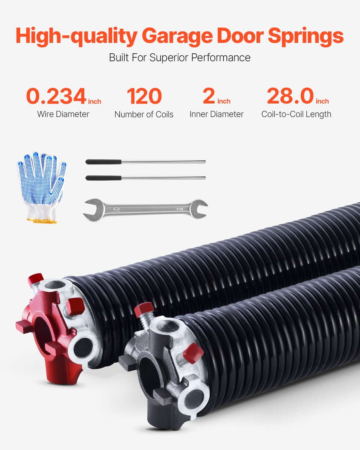 VEVOR Garage Door Torsion Springs Pair, 5.94mm x 50.8mm x 711mm, 16000 Cycles, with Tools & Gloves, Black Coated Steel - Image 2