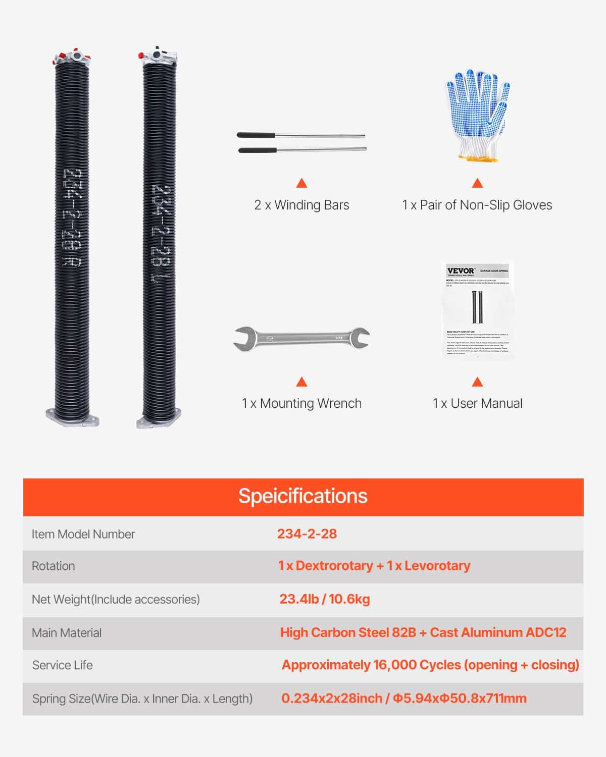 VEVOR Garage Door Torsion Springs Pair, 5.94mm x 50.8mm x 711mm, 16000 Cycles, with Tools & Gloves, Black Coated Steel - Image 7