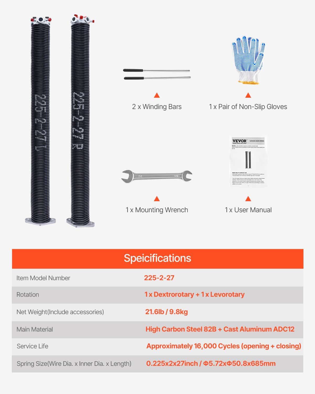 VEVOR Garage Door Torsion Springs Pair 5.72x50.8x685mm, 16000 Cycles, Black Coated with Tools & Gloves for Easy Replacement — изображение 7