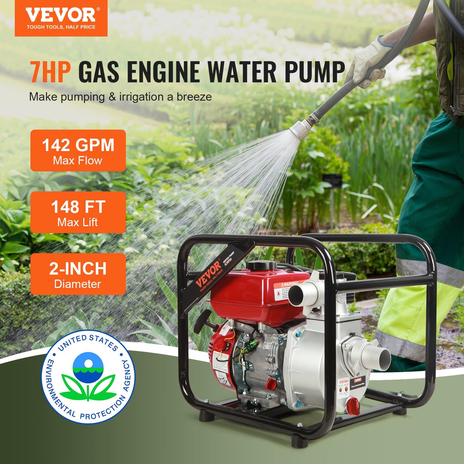 VEVOR 2-Inch Gasoline Water Pump, 5kW 537L/min, 45m Lift, 6.7m Suction, 4-Stroke High Pressure Portable Pump for Irrigation — изображение 2