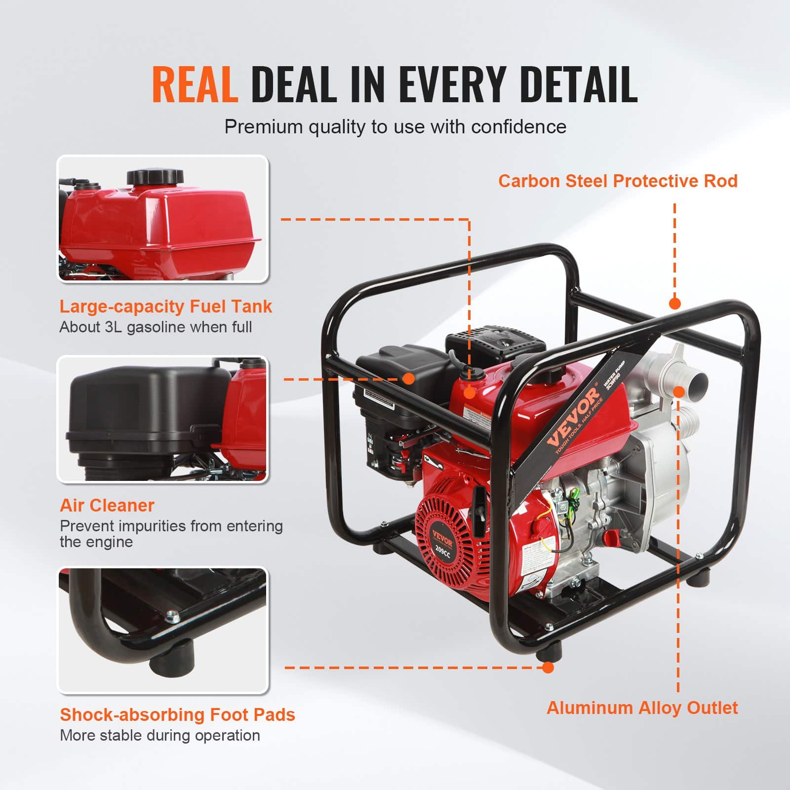 VEVOR 2-Inch Gasoline Water Pump, 5kW 537L/min, 45m Lift, 6.7m Suction, 4-Stroke High Pressure Portable Pump for Irrigation — изображение 5