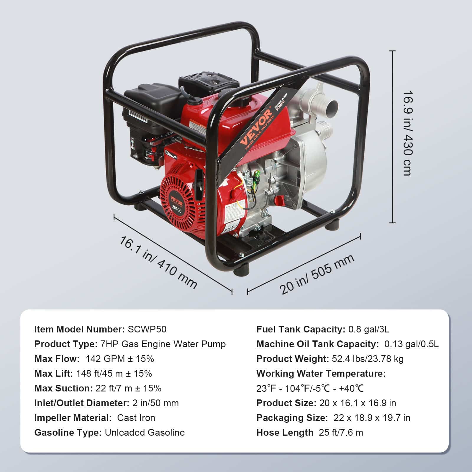 VEVOR 2-Inch Gasoline Water Pump, 5kW 537L/min, 45m Lift, 6.7m Suction, 4-Stroke High Pressure Portable Pump for Irrigation — изображение 7