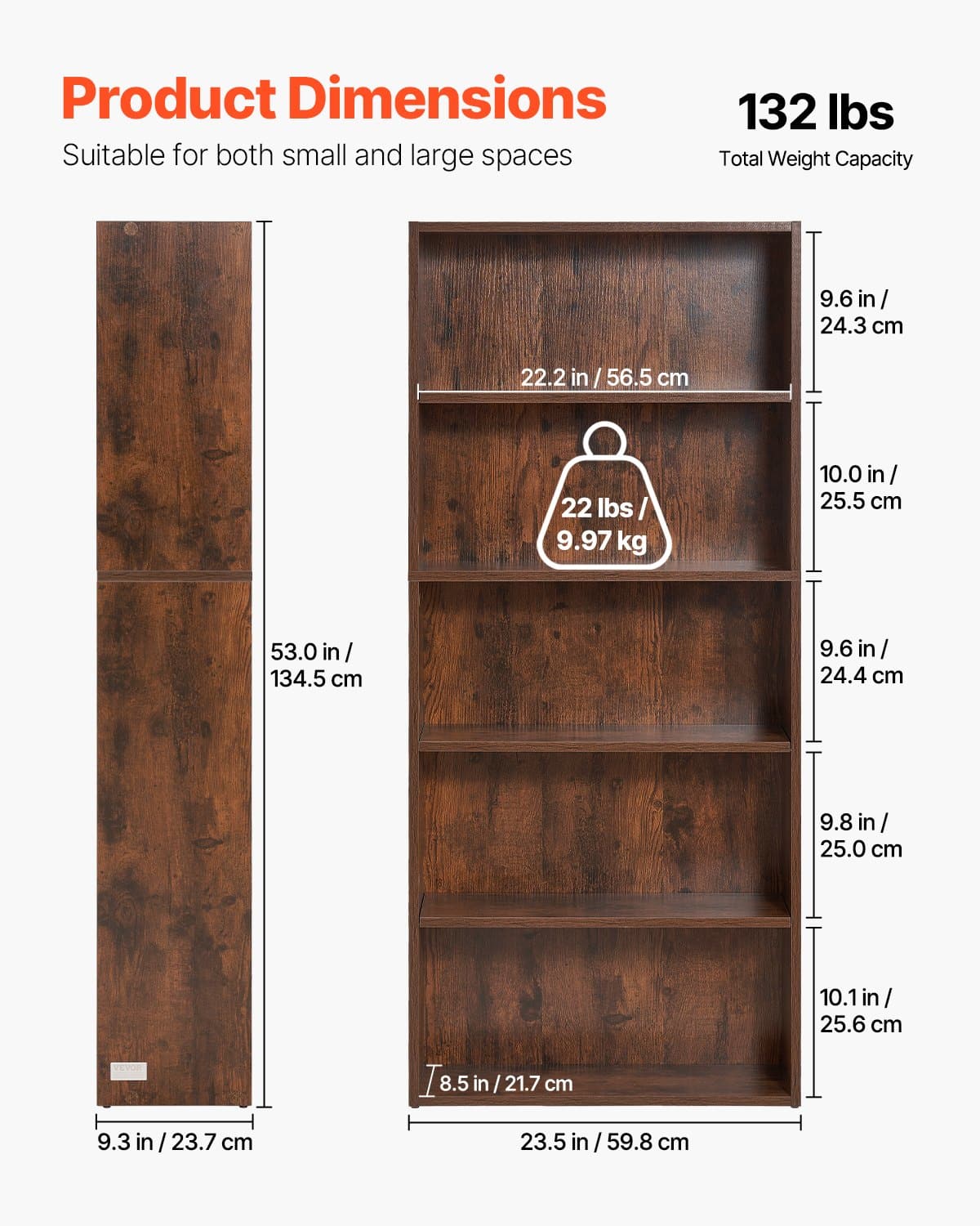 VEVOR 5-Tier Tall Narrow Wooden Bookcase, 134.5 cm Adjustable Shelf Floor Bookshelf for Living Room, Bedroom, Office, Brown - Зображення 2