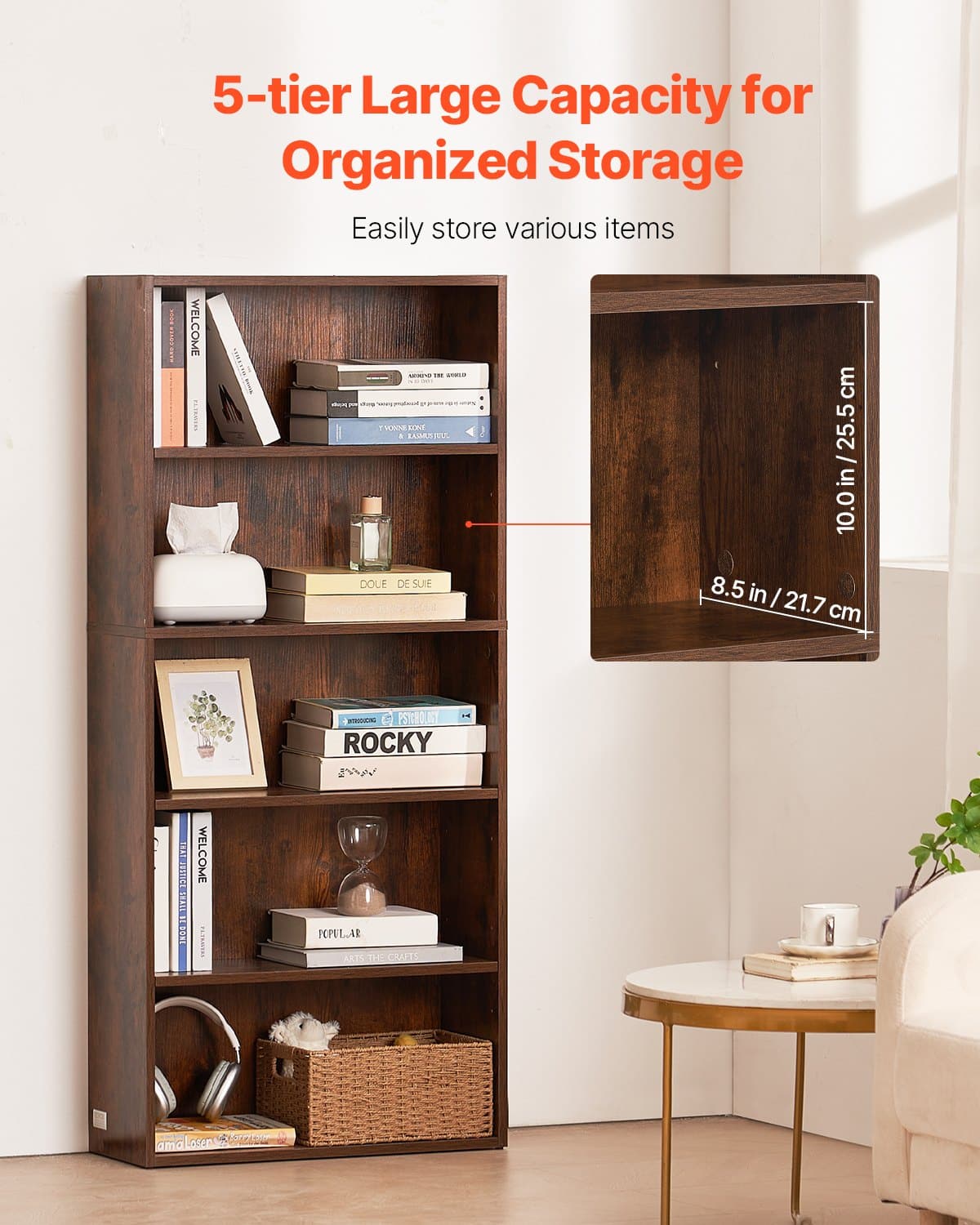 VEVOR 5-Tier Tall Narrow Wooden Bookcase, 134.5 cm Adjustable Shelf Floor Bookshelf for Living Room, Bedroom, Office, Brown - Зображення 3