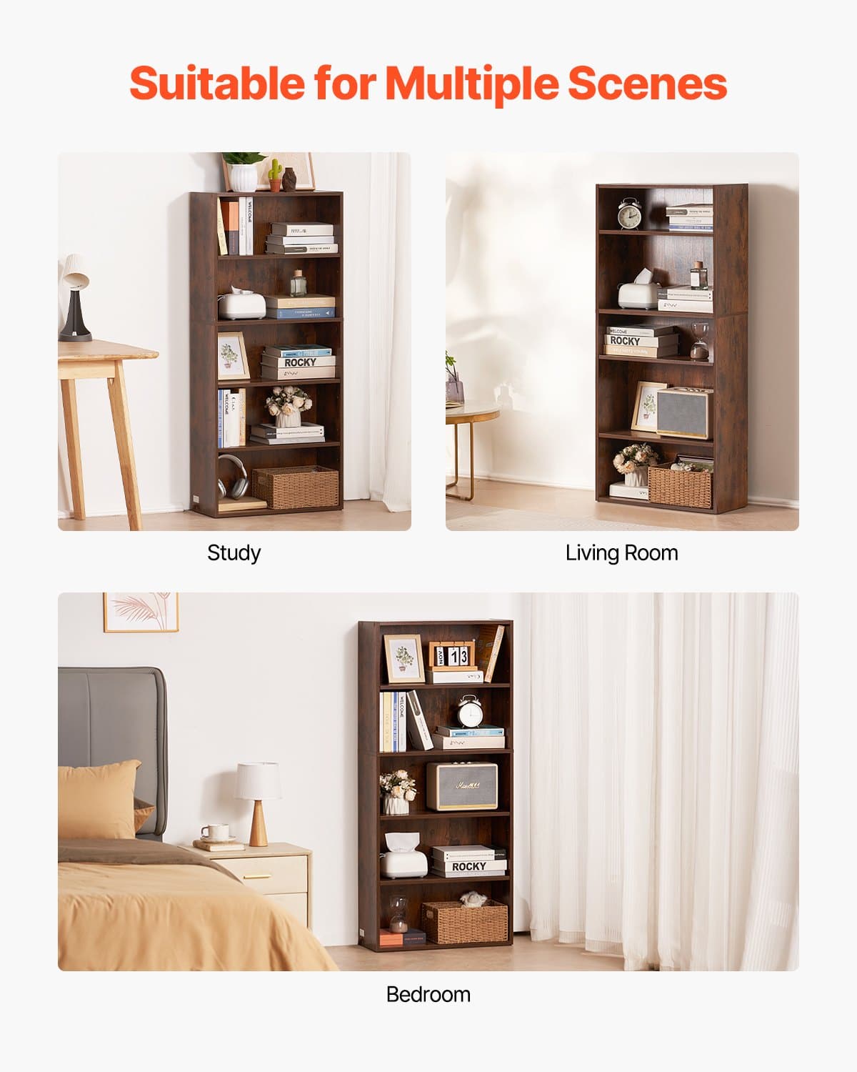 VEVOR 5-Tier Tall Narrow Wooden Bookcase, 134.5 cm Adjustable Shelf Floor Bookshelf for Living Room, Bedroom, Office, Brown - Зображення 6