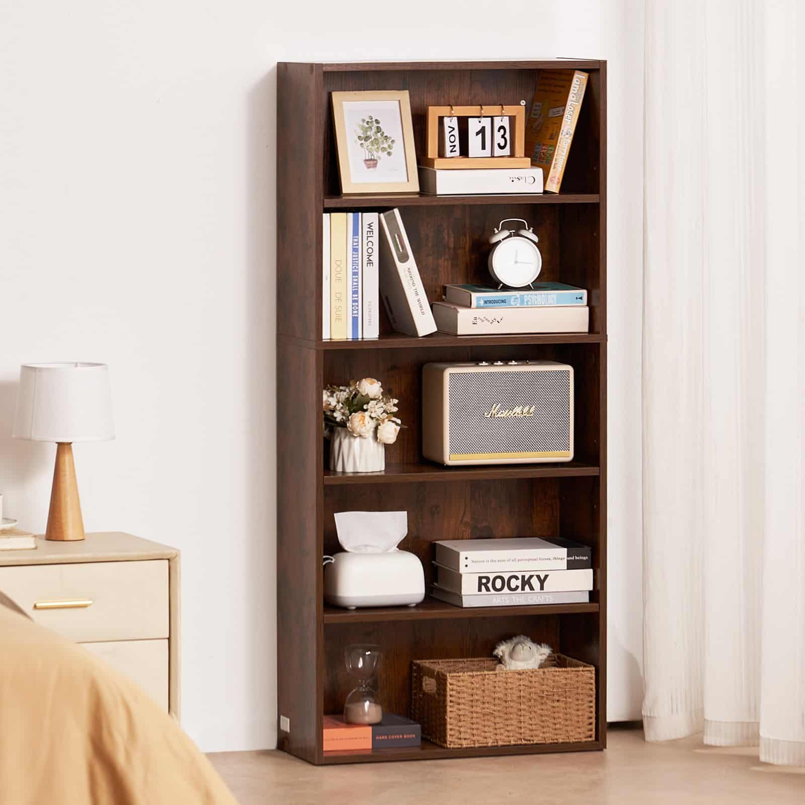VEVOR 5-Tier Tall Narrow Wooden Bookcase, 134.5 cm Adjustable Shelf Floor Bookshelf for Living Room, Bedroom, Office, Brown - Зображення 8