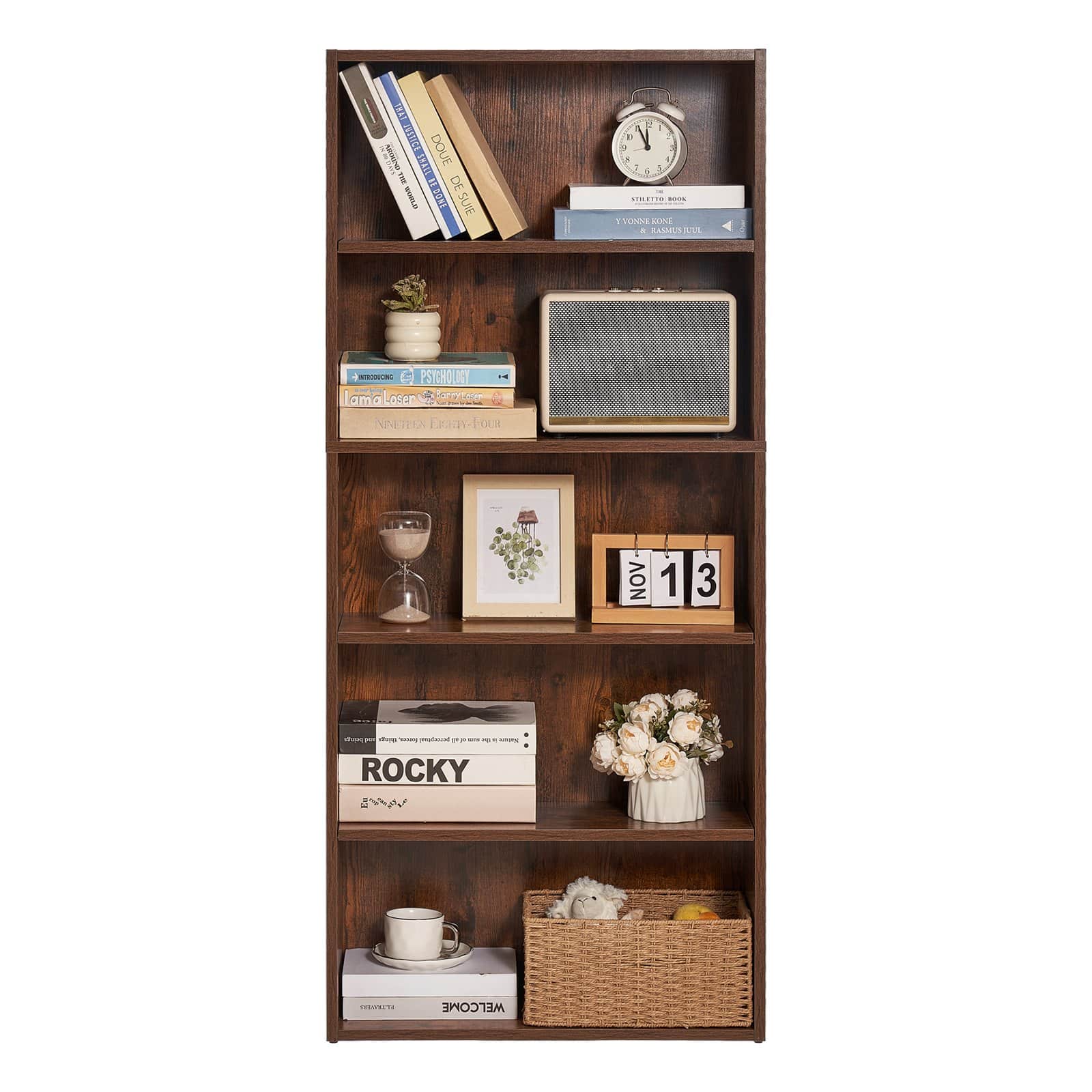 VEVOR 5-Tier Tall Narrow Wooden Bookcase, 134.5 cm Adjustable Shelf Floor Bookshelf for Living Room, Bedroom, Office, Brown - Зображення 10