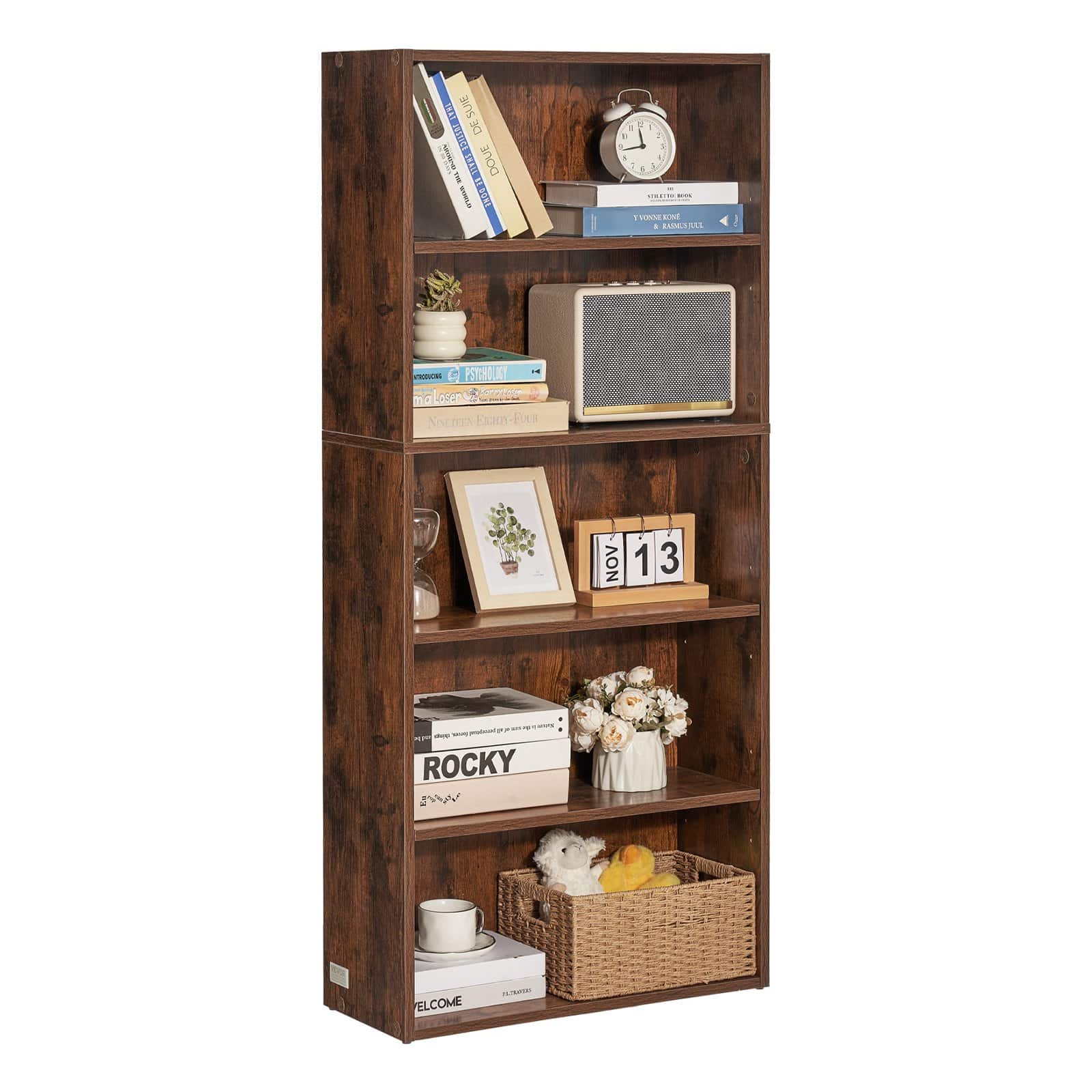 VEVOR 5-Tier Tall Narrow Wooden Bookcase, 134.5 cm Adjustable Shelf Floor Bookshelf for Living Room, Bedroom, Office, Brown - Зображення 9