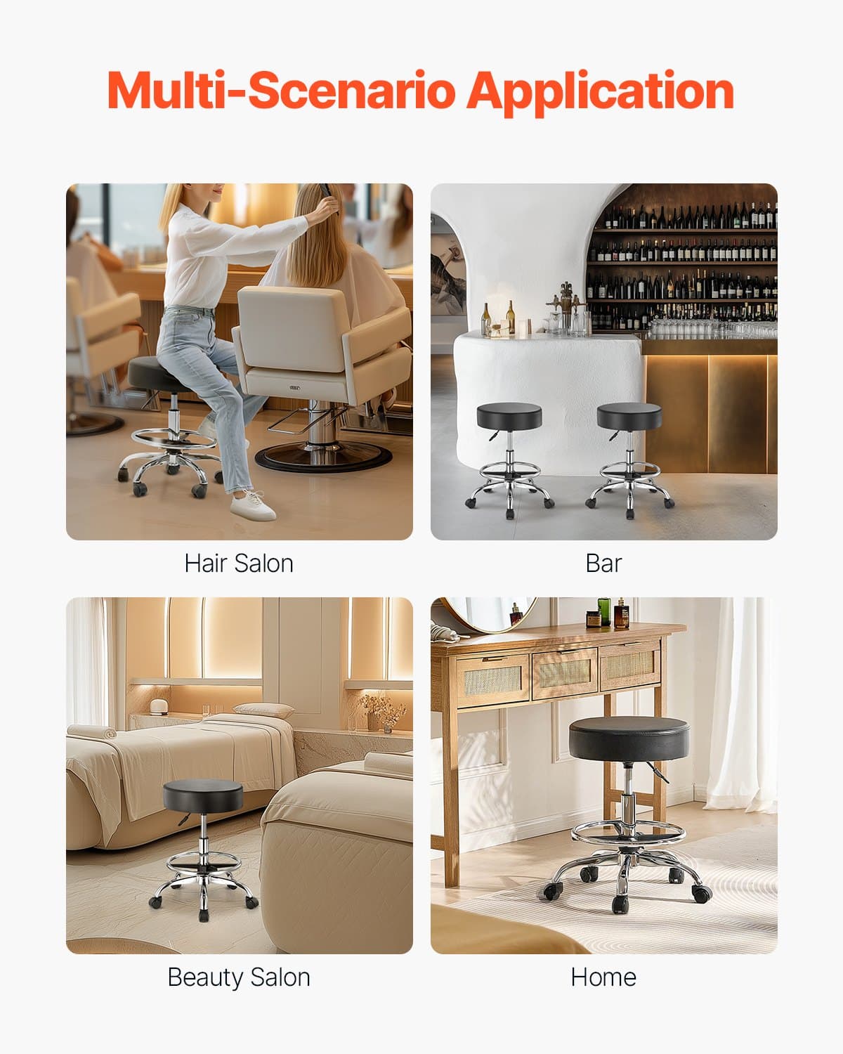 VEVOR Adjustable Rolling Stool with Footrest, PU Leather, 204 kg Capacity, 55–71 cm Height, Black – for Salon, Spa, Clinic - Зображення 6