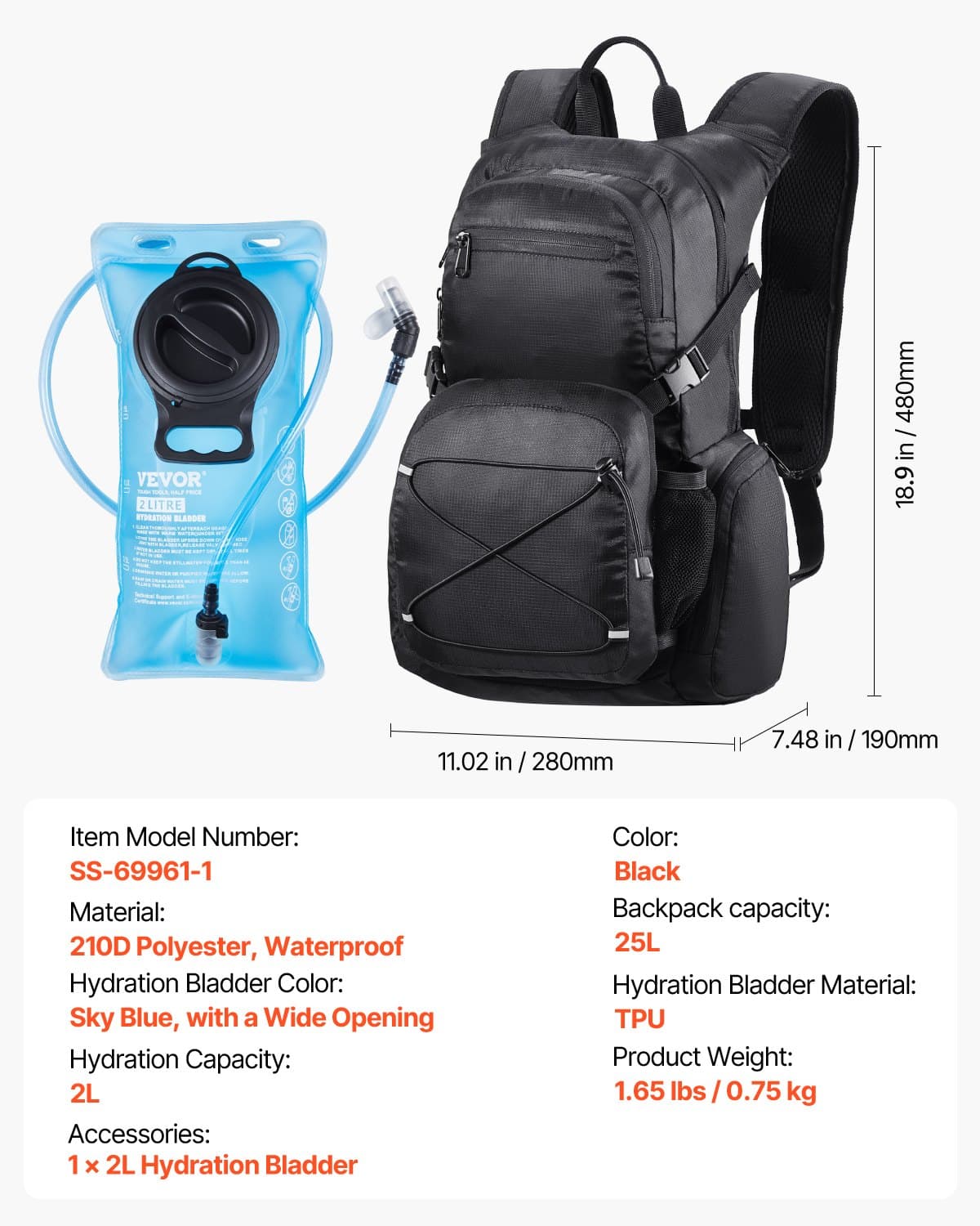 VEVOR 25L Waterproof Hydration Backpack with 2L TPU Bladder, Insulated Daypack for Hiking, Running, Cycling, Camping - Зображення 7