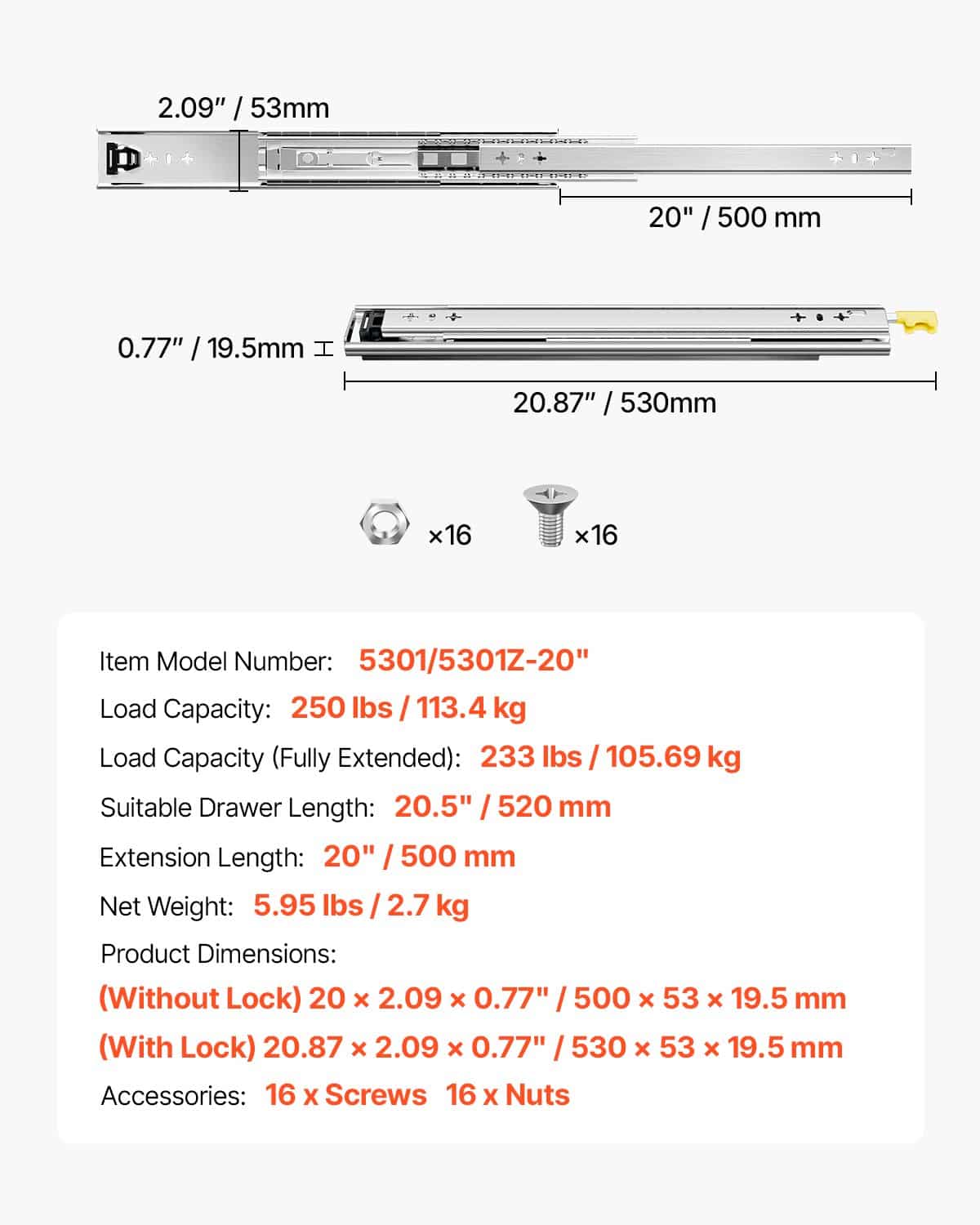 VEVOR Heavy-Duty Locking Drawer Slides, 1 Pair, Full Extension, 530mm, 500kg Load, Ball Bearing, Side Mount, Quiet Design - Image 7