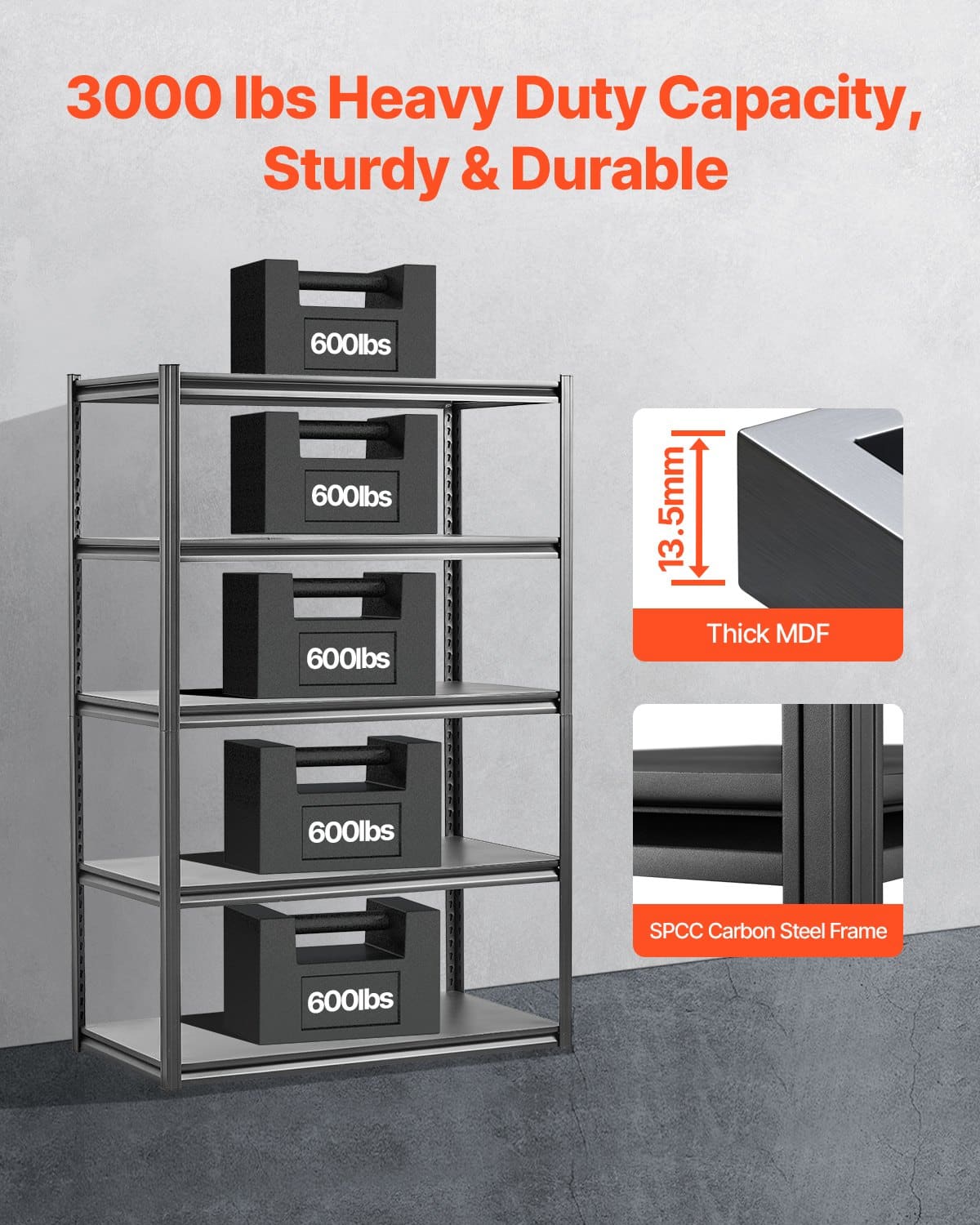 VEVOR 5-Tier Adjustable Metal Storage Shelves, 1360 kg Load, 61x122x183 cm, Garage/Warehouse Utility Rack, Black — attēls 2