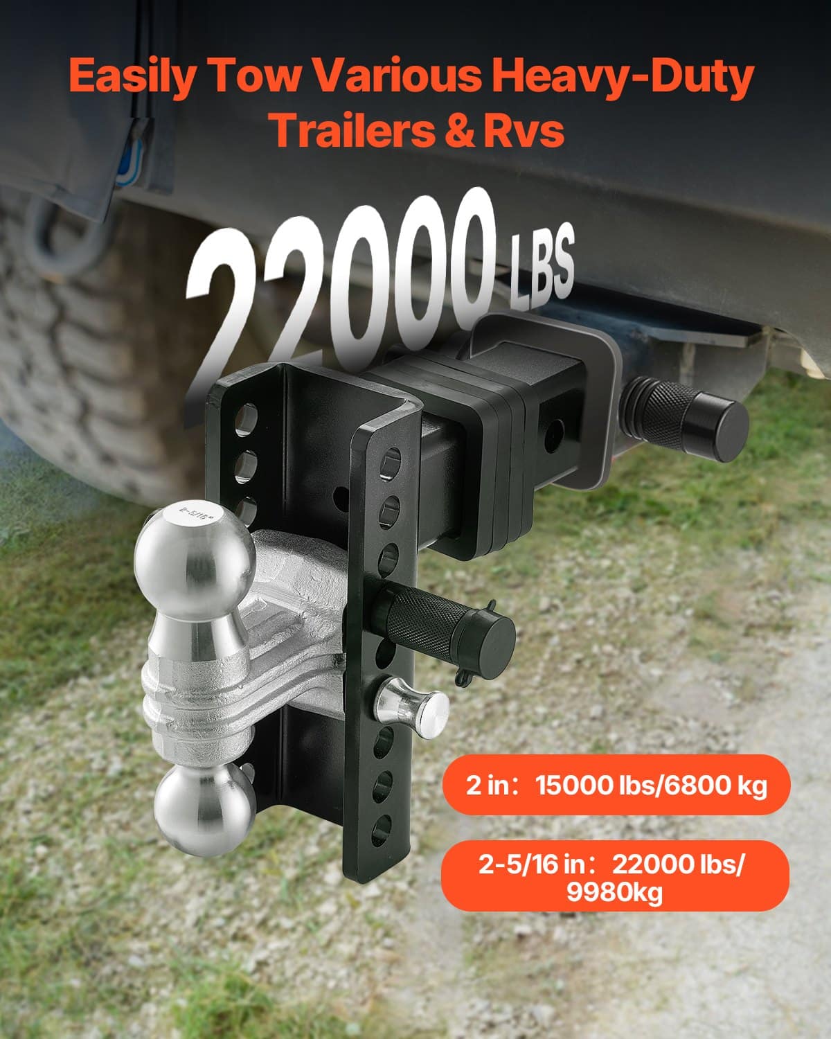 VEVOR Adjustable Trailer Hitch 152 mm Drop/Rise, 2.5 in Receiver, Dual Ball 58.7 mm & 50.8 mm, 9980 kg Towing, Anti-Theft Lock — изображение 2