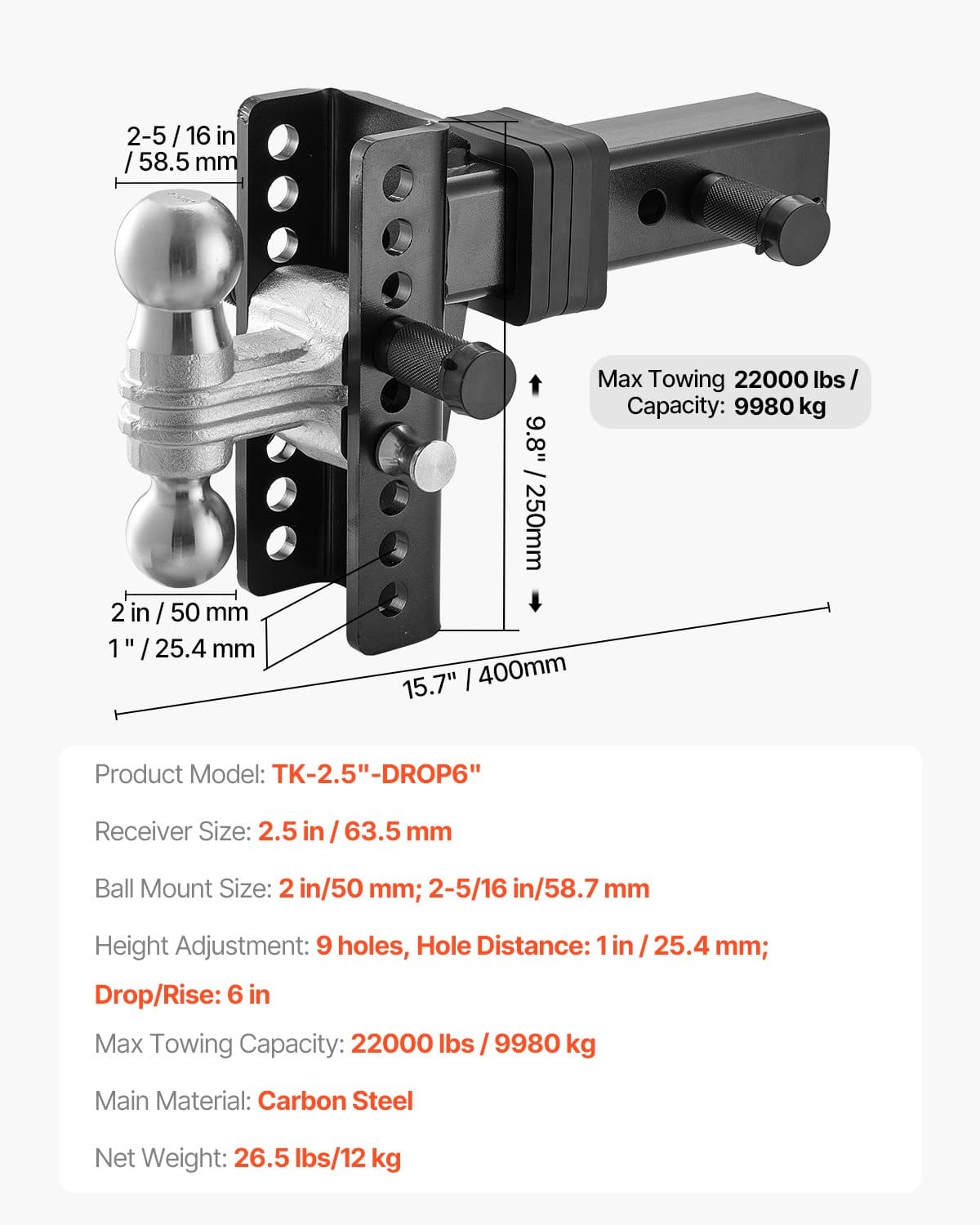 VEVOR Adjustable Trailer Hitch 152 mm Drop/Rise, 2.5 in Receiver, Dual Ball 58.7 mm & 50.8 mm, 9980 kg Towing, Anti-Theft Lock — изображение 7