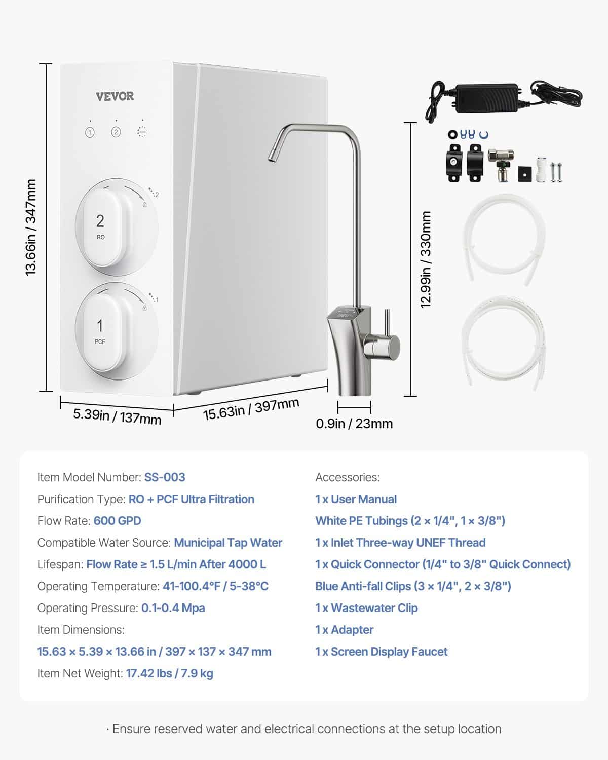 VEVOR 600 GPD 8-Stage Tankless Reverse Osmosis Water Filter System with Smart Display Faucet, Under Sink, NSF Certified – Paveikslėlis 7