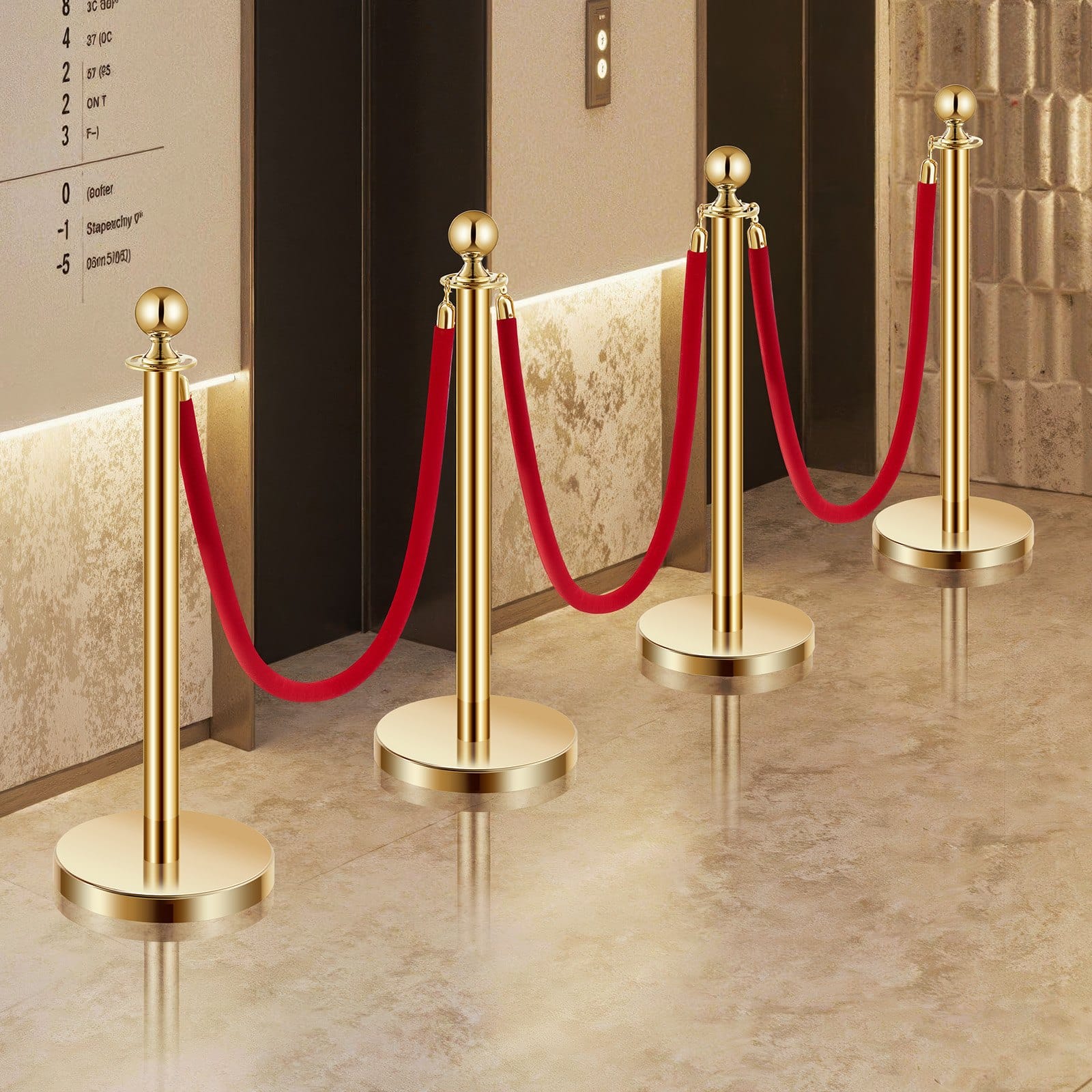 VEVOR 4-Piece Gold Stanchion Set with 3 Red Velvet Ropes, 1.5m