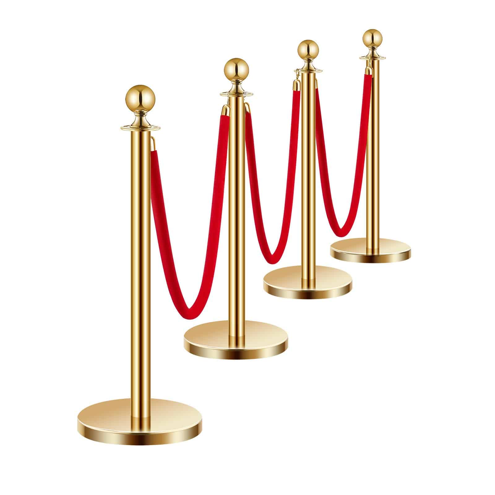 VEVOR 4-Piece Gold Stanchion Set with 3 Red Velvet Ropes, 1.5m