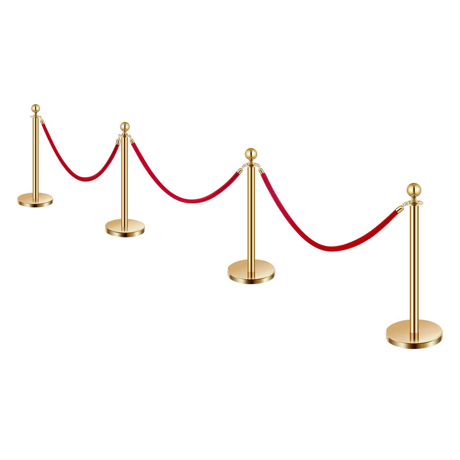 VEVOR 4-Piece Gold Stanchion Set with 3 Red Velvet Ropes, 1.5m