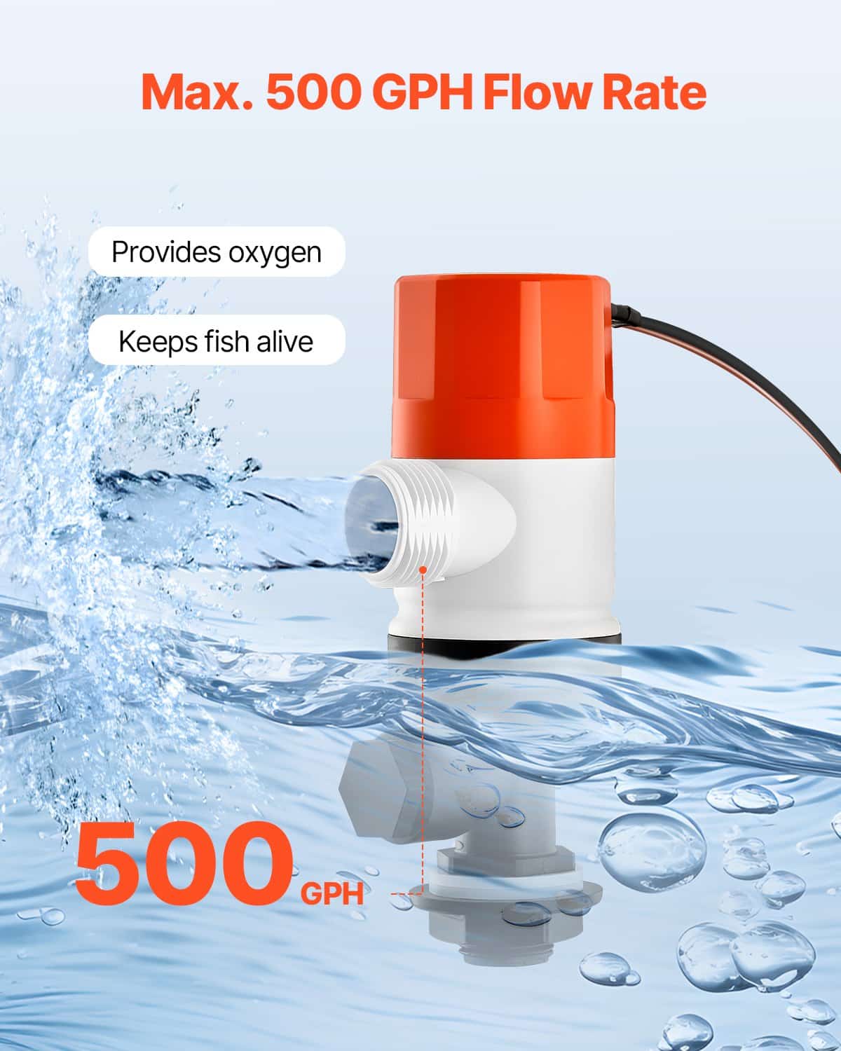 VEVOR 12V Livewell Pump for Boats, 32 L/min Aerator with Dual Inlets, ABS Housing, Removable Motor, for Fresh/Salt Water - Зображення 2