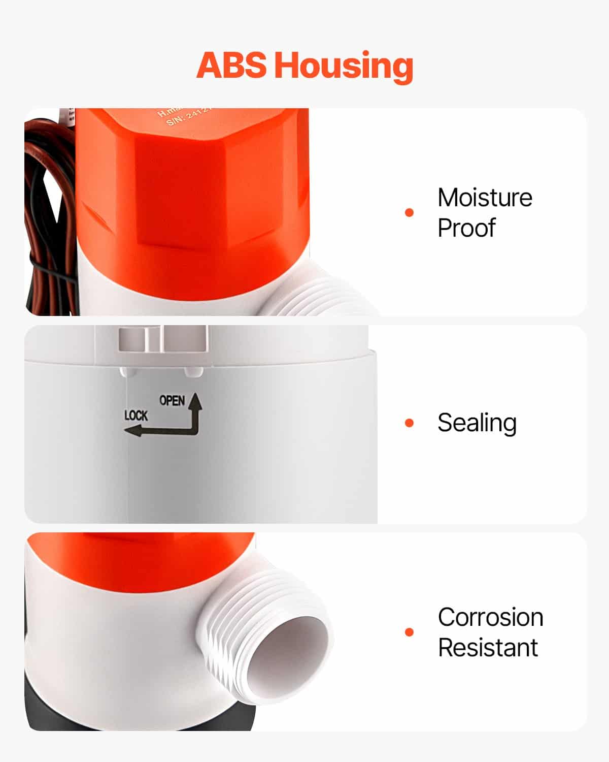 VEVOR 12V Livewell Pump for Boats, 32 L/min Aerator with Dual Inlets, ABS Housing, Removable Motor, for Fresh/Salt Water - Зображення 5