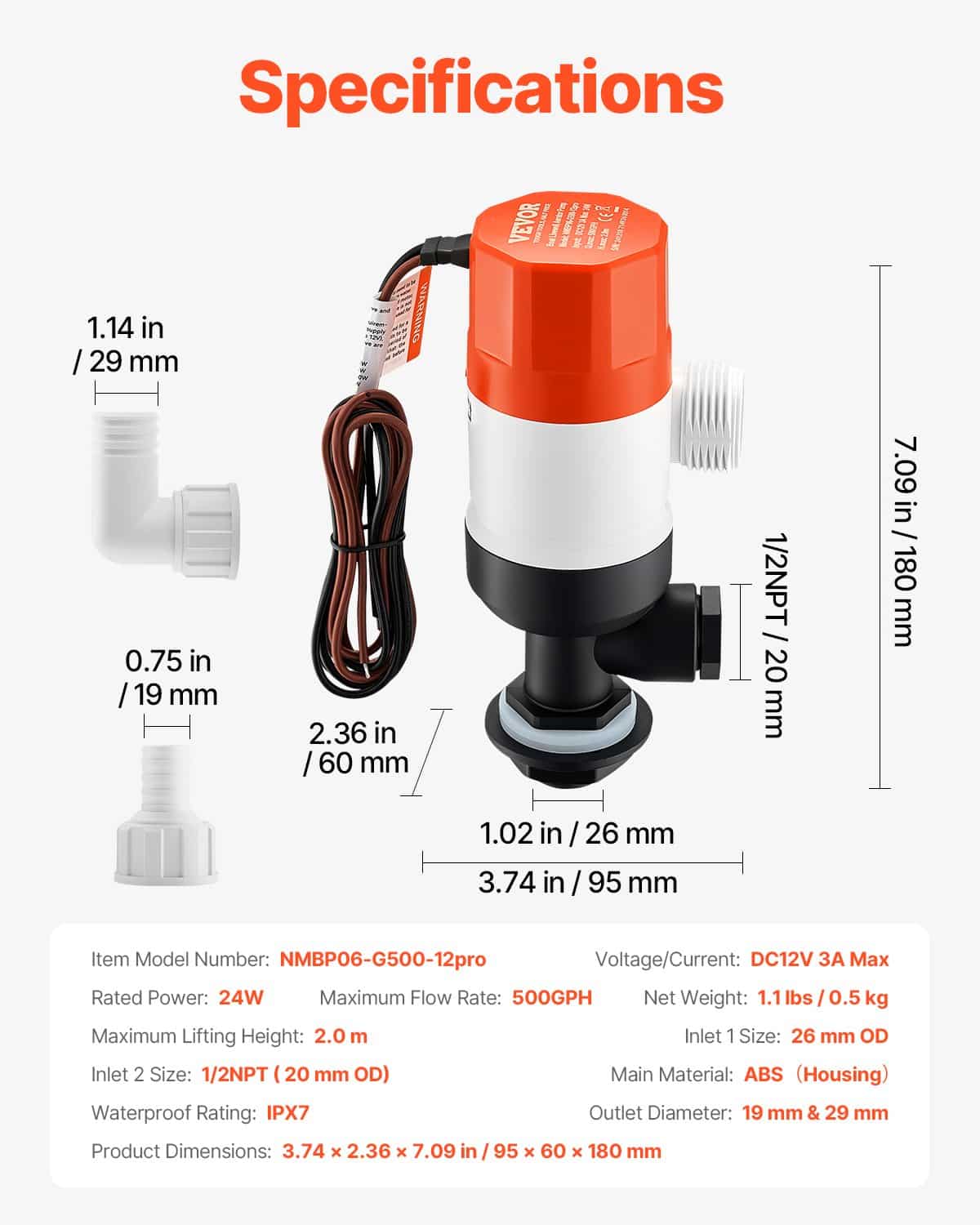 VEVOR 12V Livewell Pump for Boats, 32 L/min Aerator with Dual Inlets, ABS Housing, Removable Motor, for Fresh/Salt Water - Зображення 7